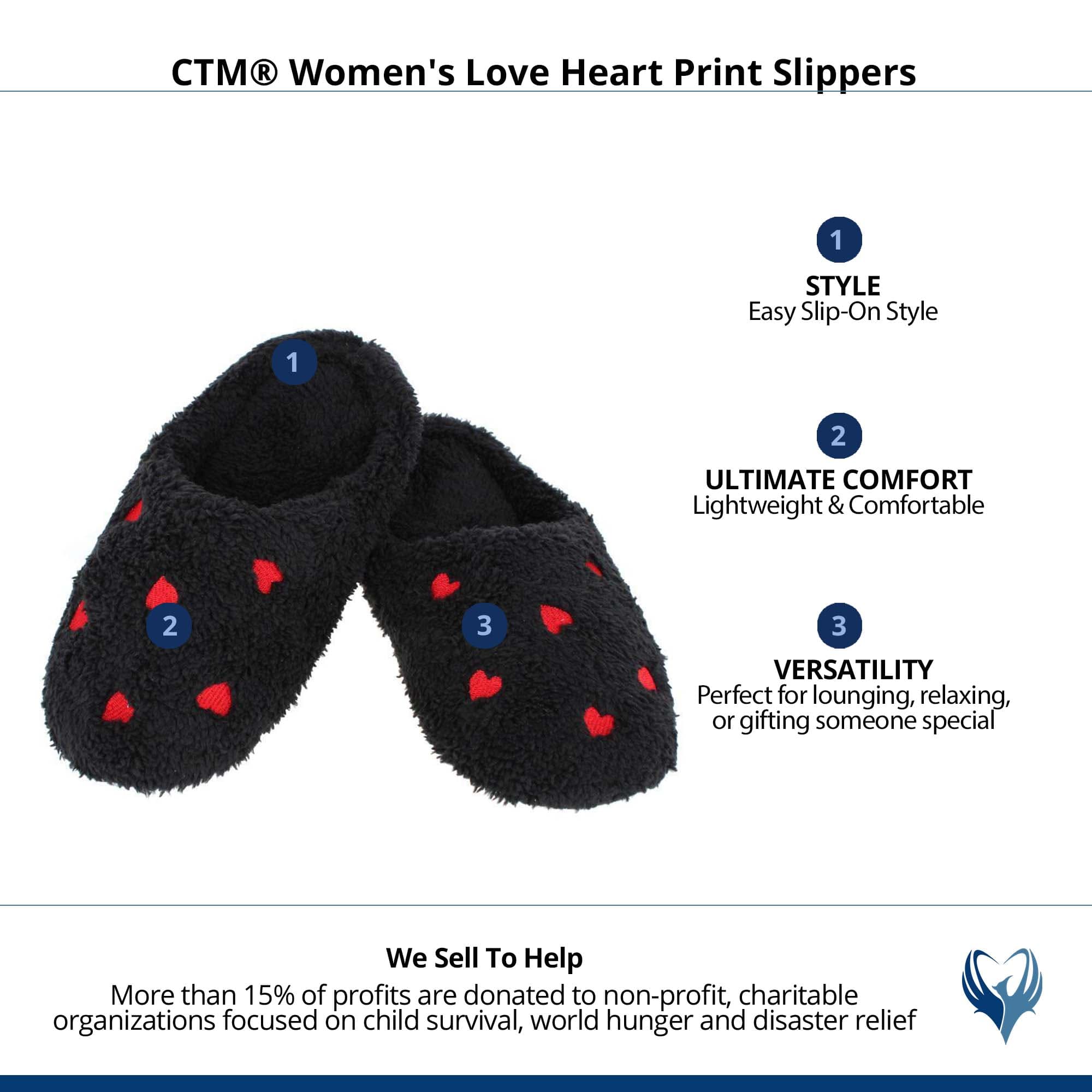 CTM® Women's Love Heart Print Slippers - Black