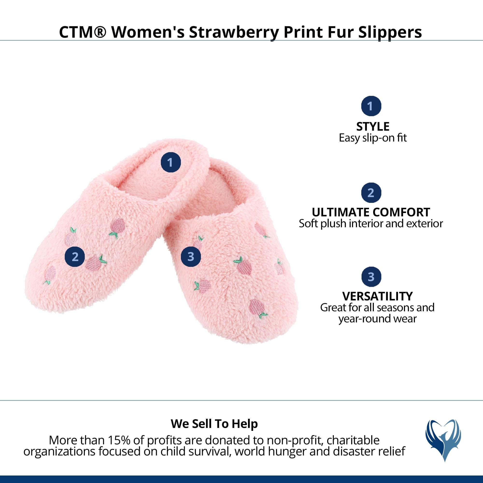 CTM® Women's Strawberry Print Fur Slippers - Pink