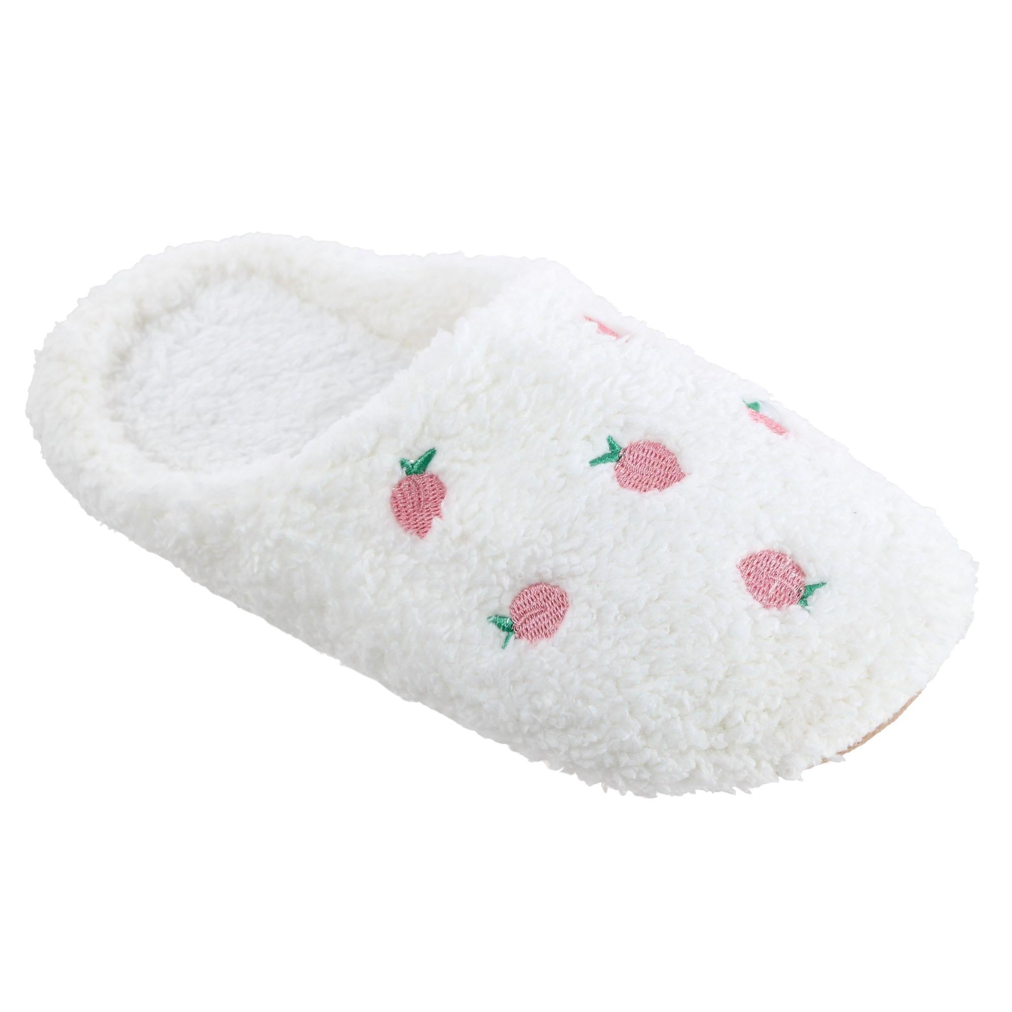 CTM® Women's Strawberry Print Fur Slippers - White