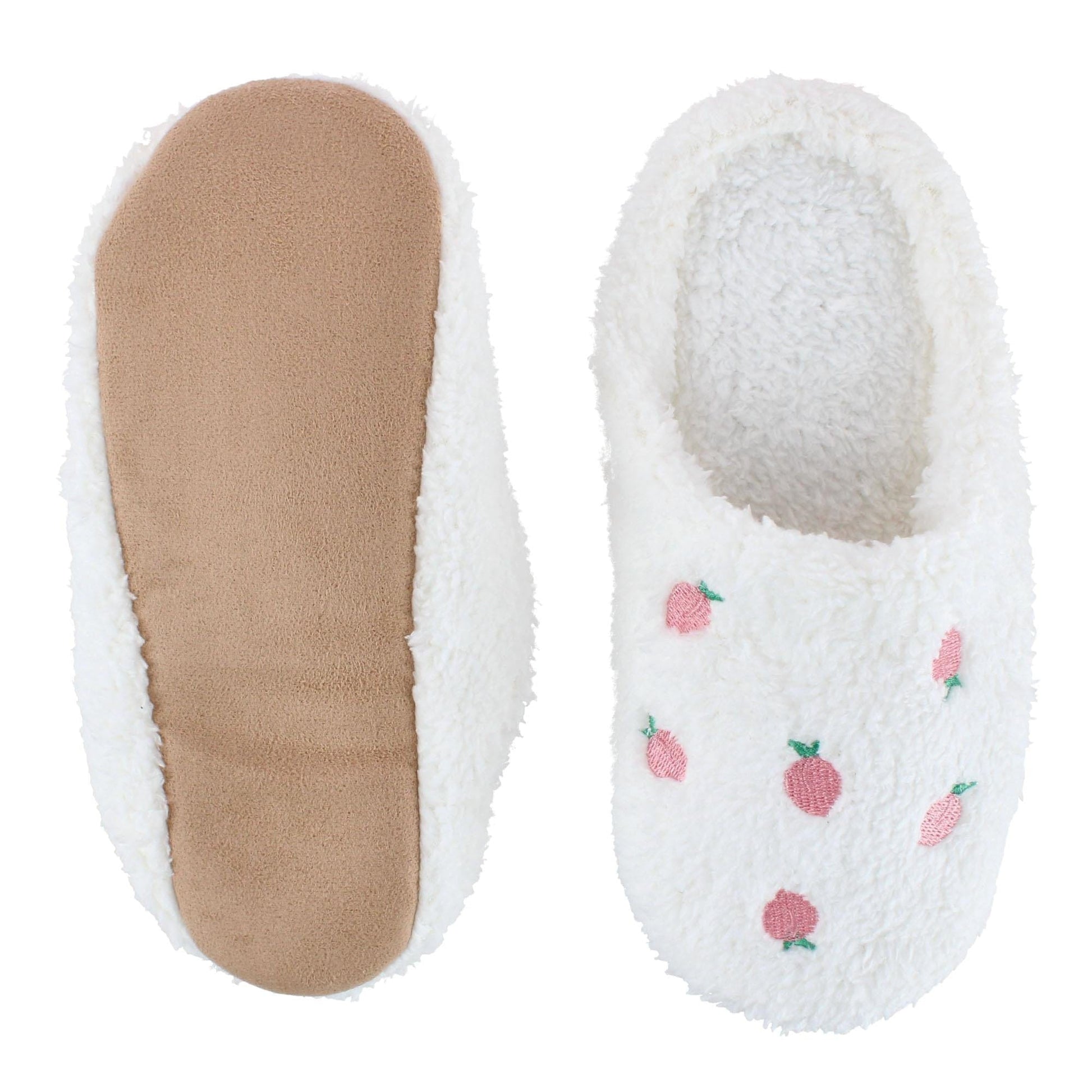 CTM® Women's Strawberry Print Fur Slippers - White