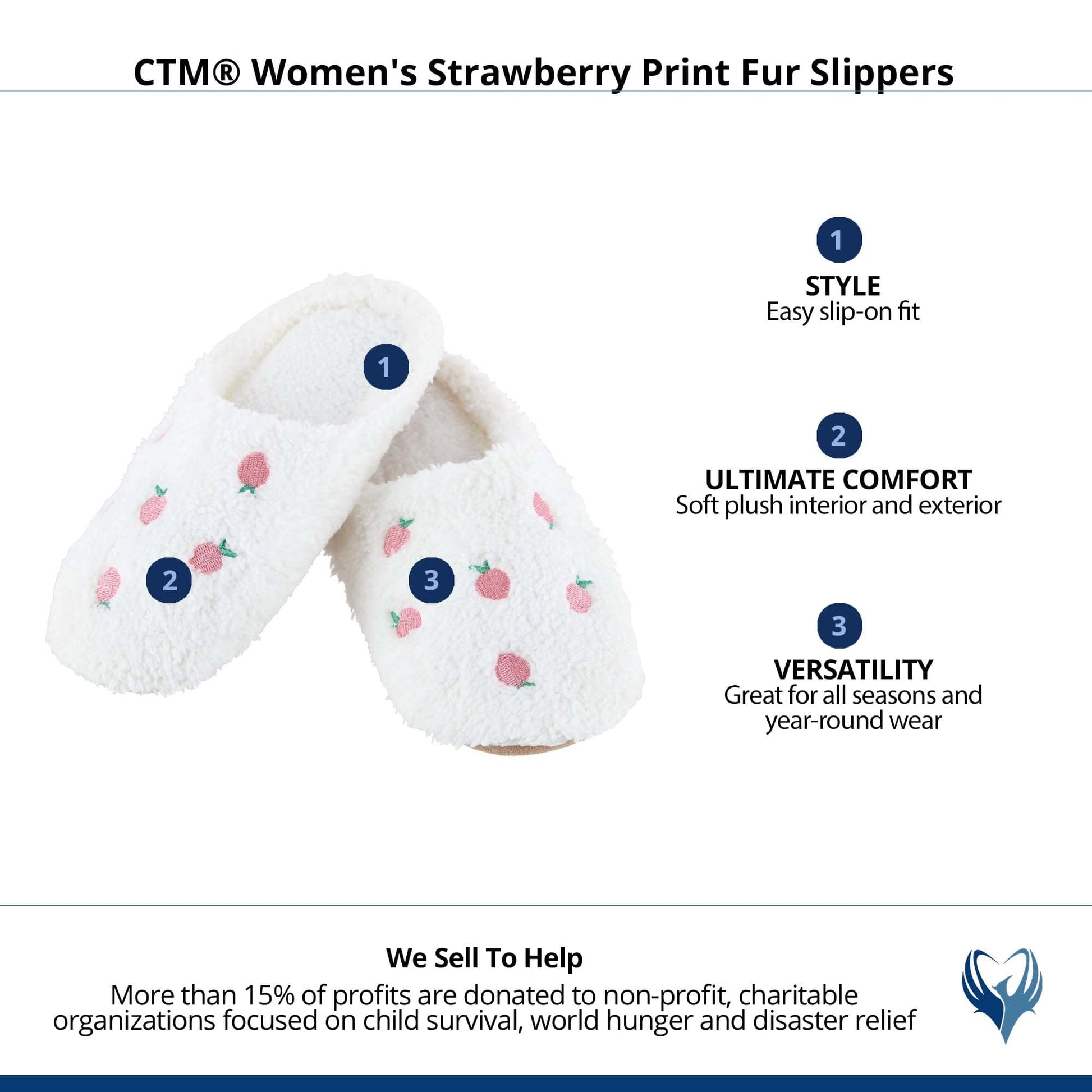 CTM® Women's Strawberry Print Fur Slippers - White