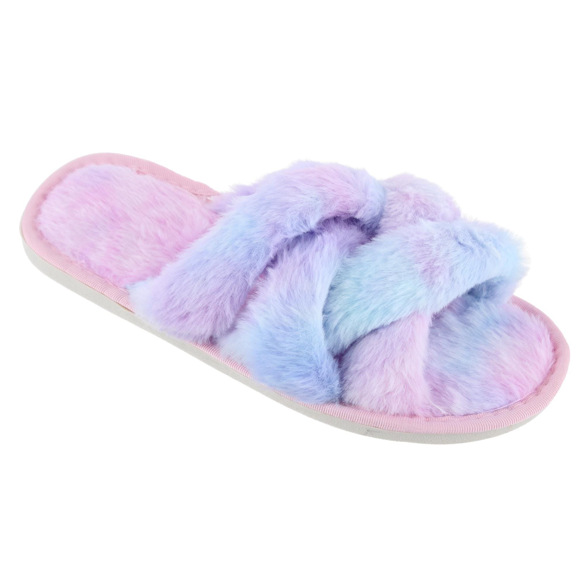 CTM® Women's Open Toe Cross Band Fur Slide Slippers - Multicolor