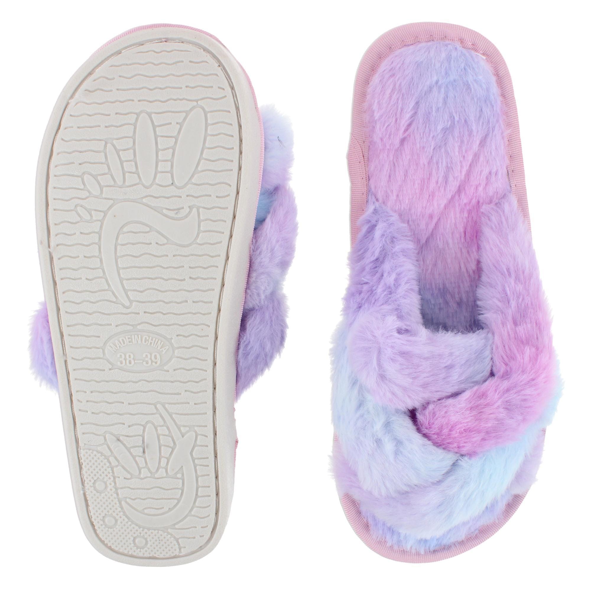 CTM® Women's Open Toe Cross Band Fur Slide Slippers - Multicolor
