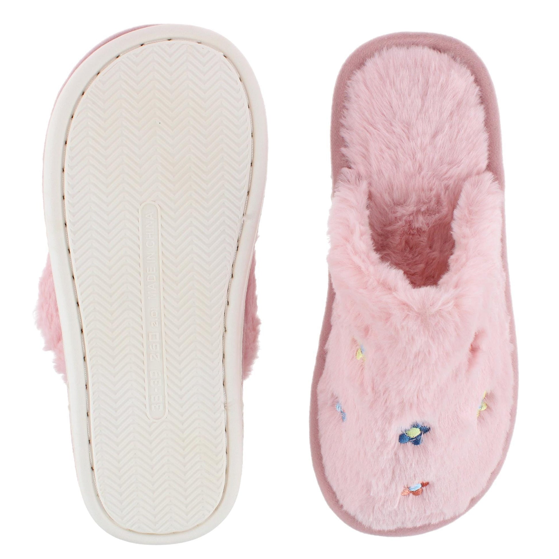 CTM® Women's Flower Print Fur Slippers - Pink