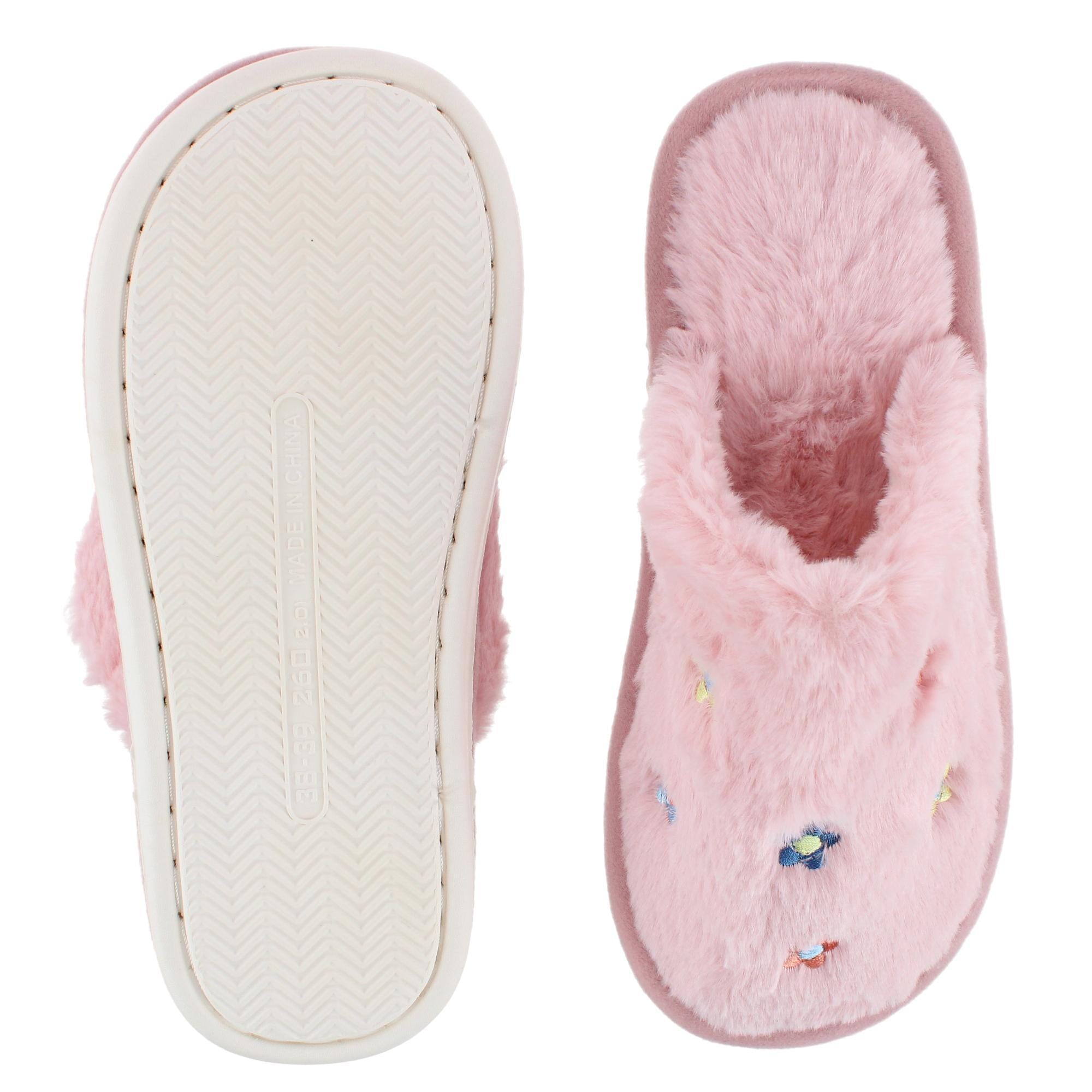 CTM® Women's Flower Print Fur Slippers - Pink