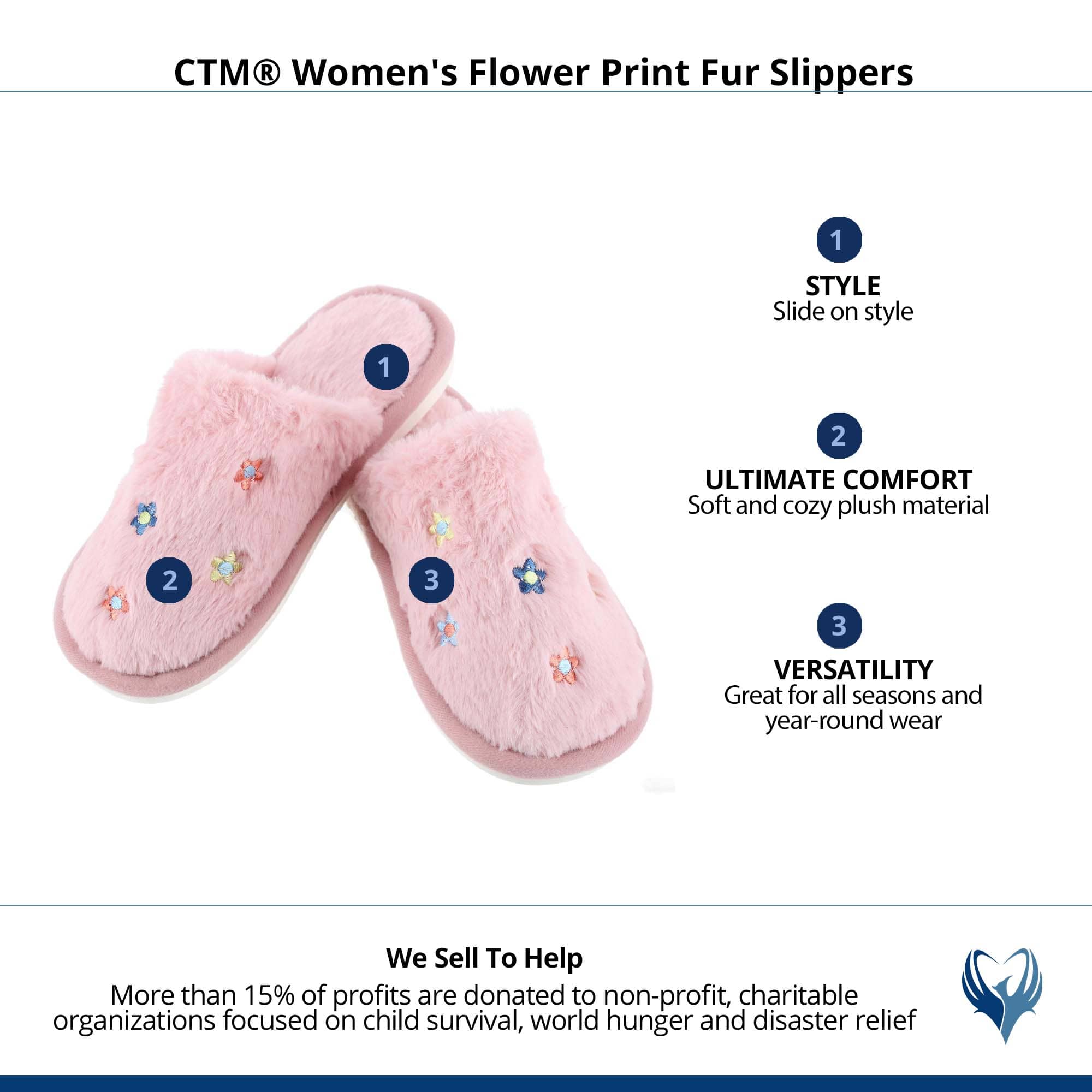 CTM® Women's Flower Print Fur Slippers - Pink