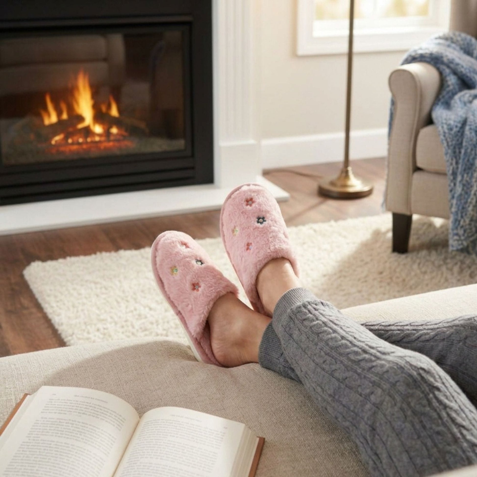 CTM® Women's Flower Print Fur Slippers - Pink