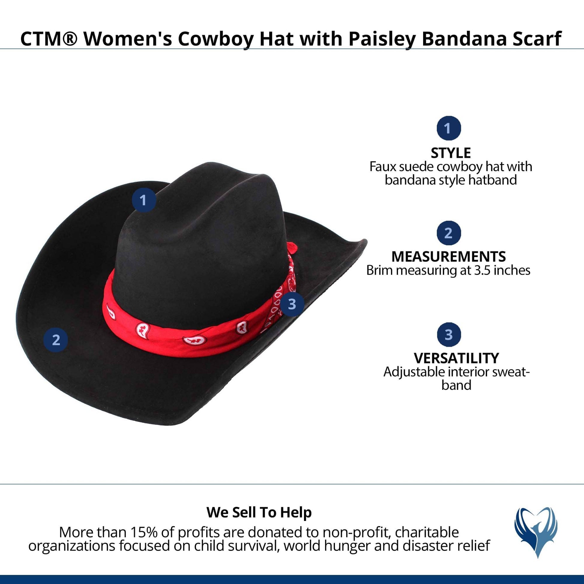 CTM® Women's Cowboy Hat with Paisley Bandana Scarf - Black