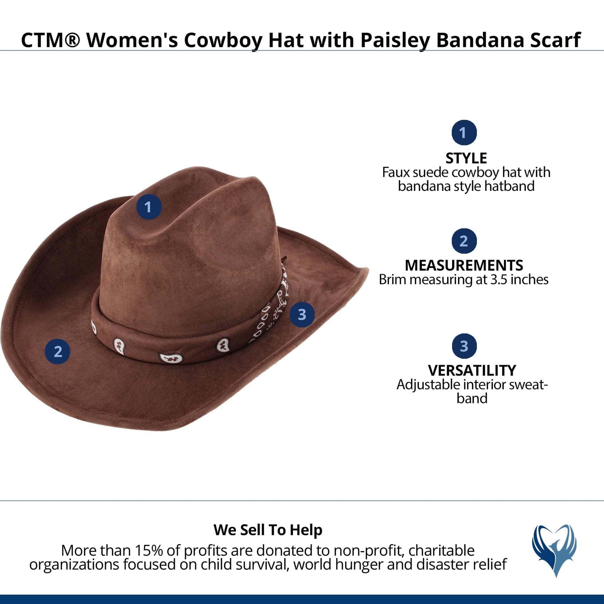 CTM® Women's Cowboy Hat with Paisley Bandana Scarf - Brown