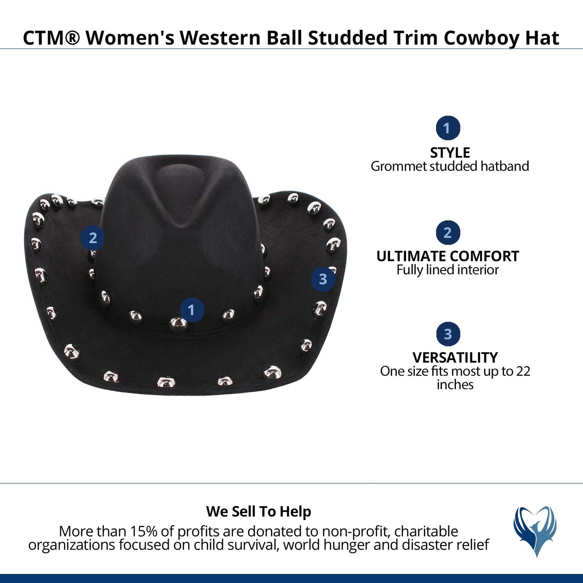 CTM® Women's Western Ball Studded Trim Cowboy Hat - Black