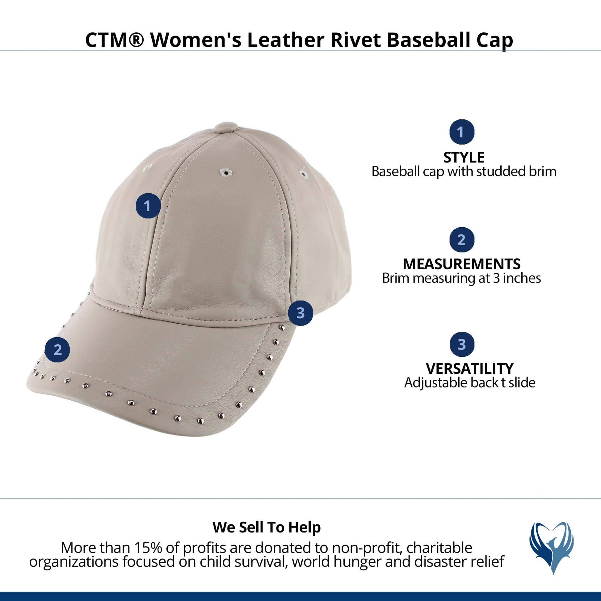 CTM® Women's Leather Rivet Baseball Cap - Ivory