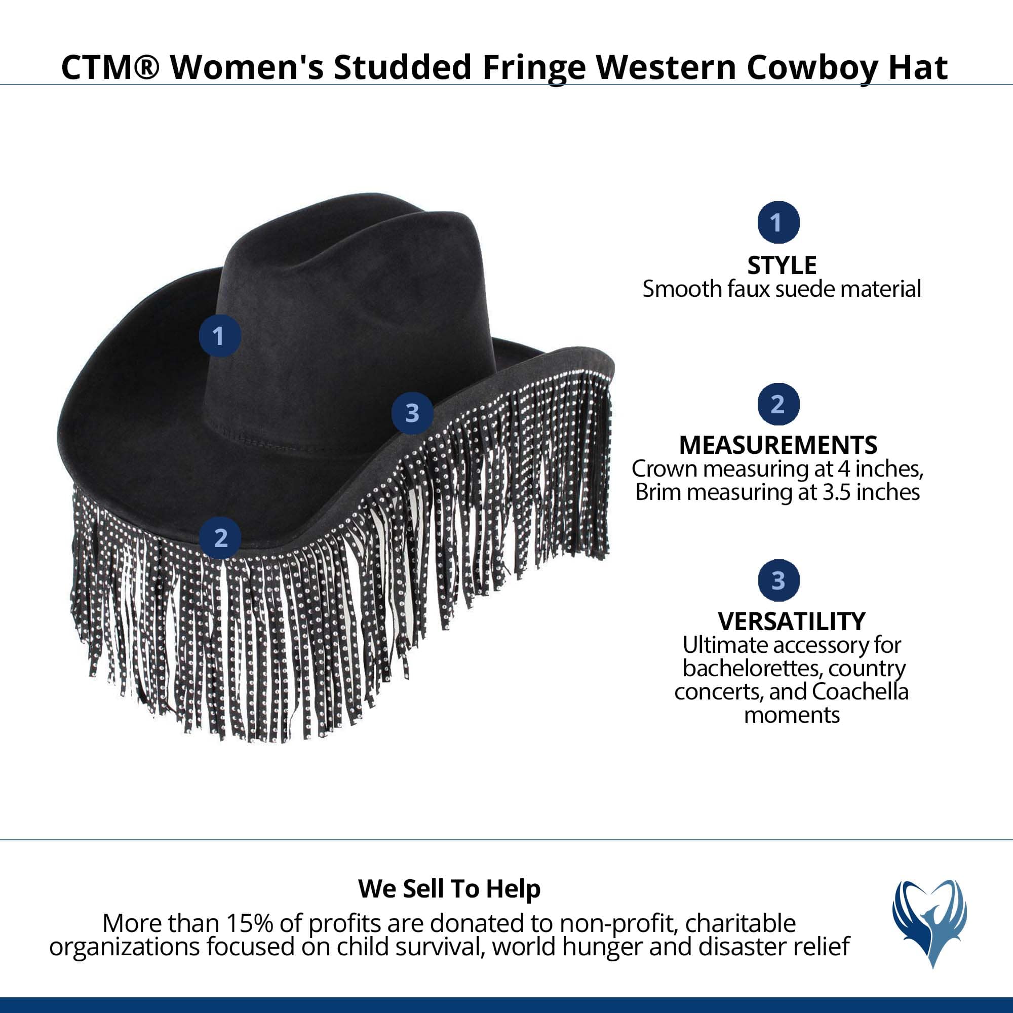 CTM® Women's Studded Fringe Western Cowboy Hat - Black