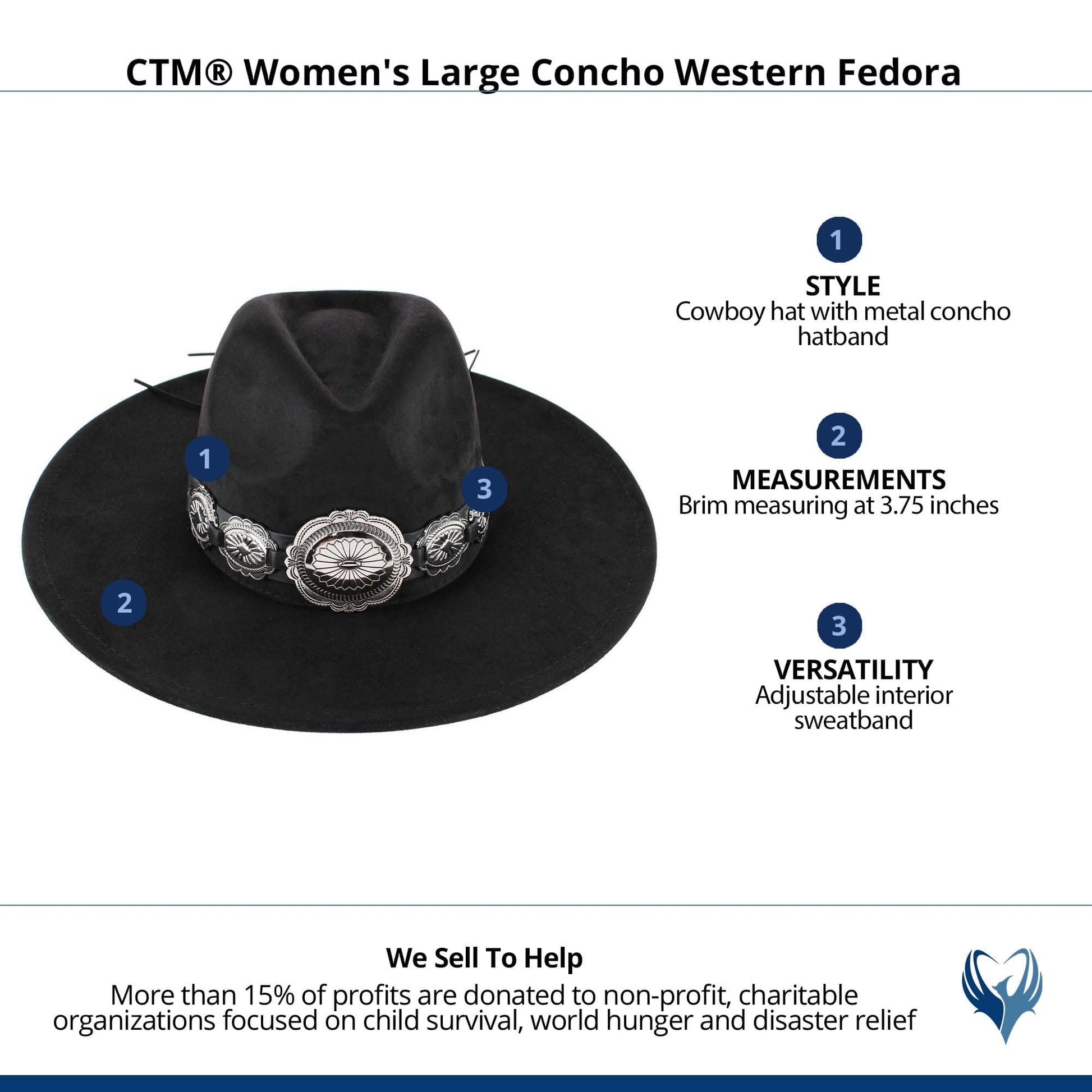 CTM® Women's Large Concho Western Fedora - Black