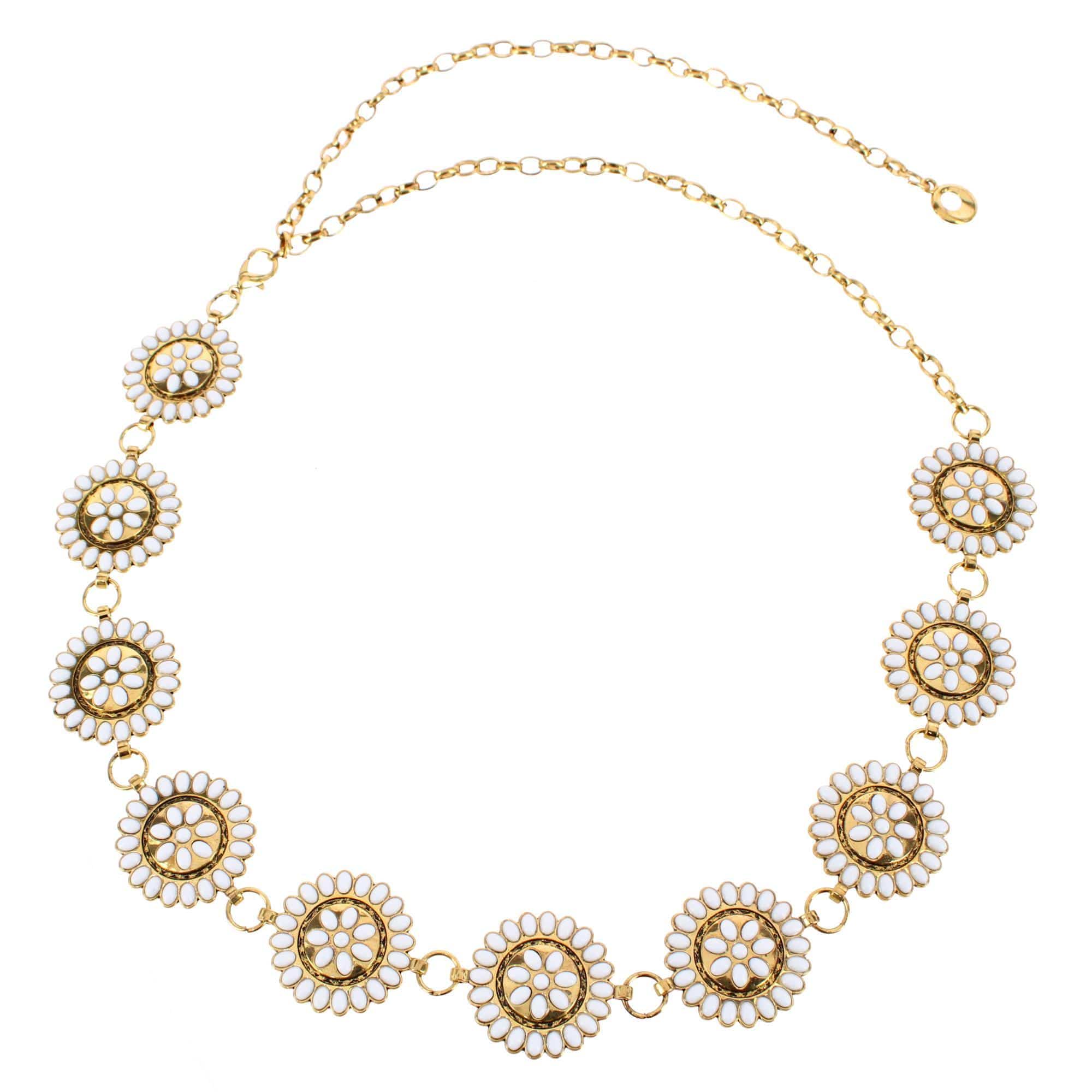 CTM® Women's Circle Stone Beaded Concho Gold Chain Belt Adjustable - White