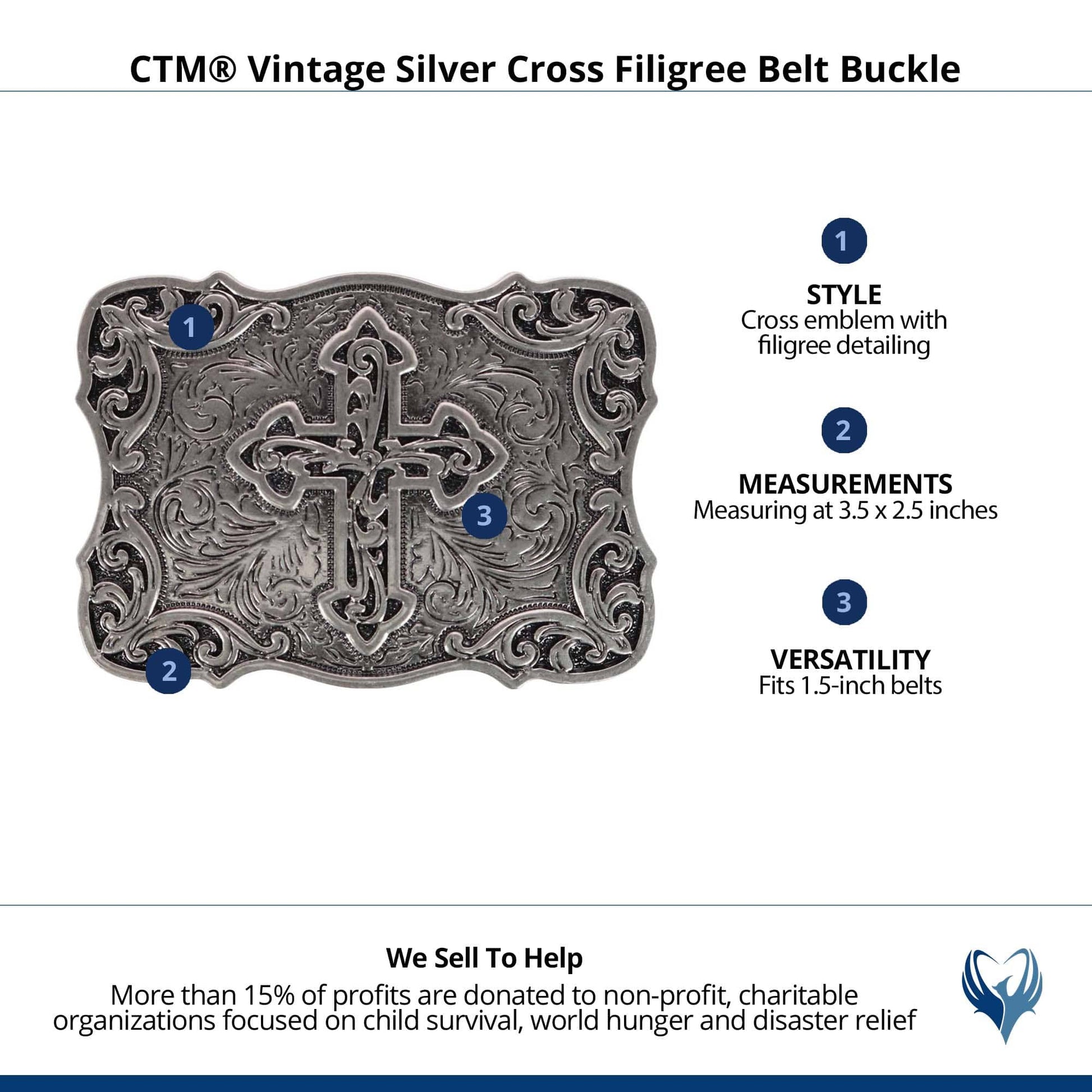CTM® Vintage Silver Cross Filigree Belt Buckle - Silver