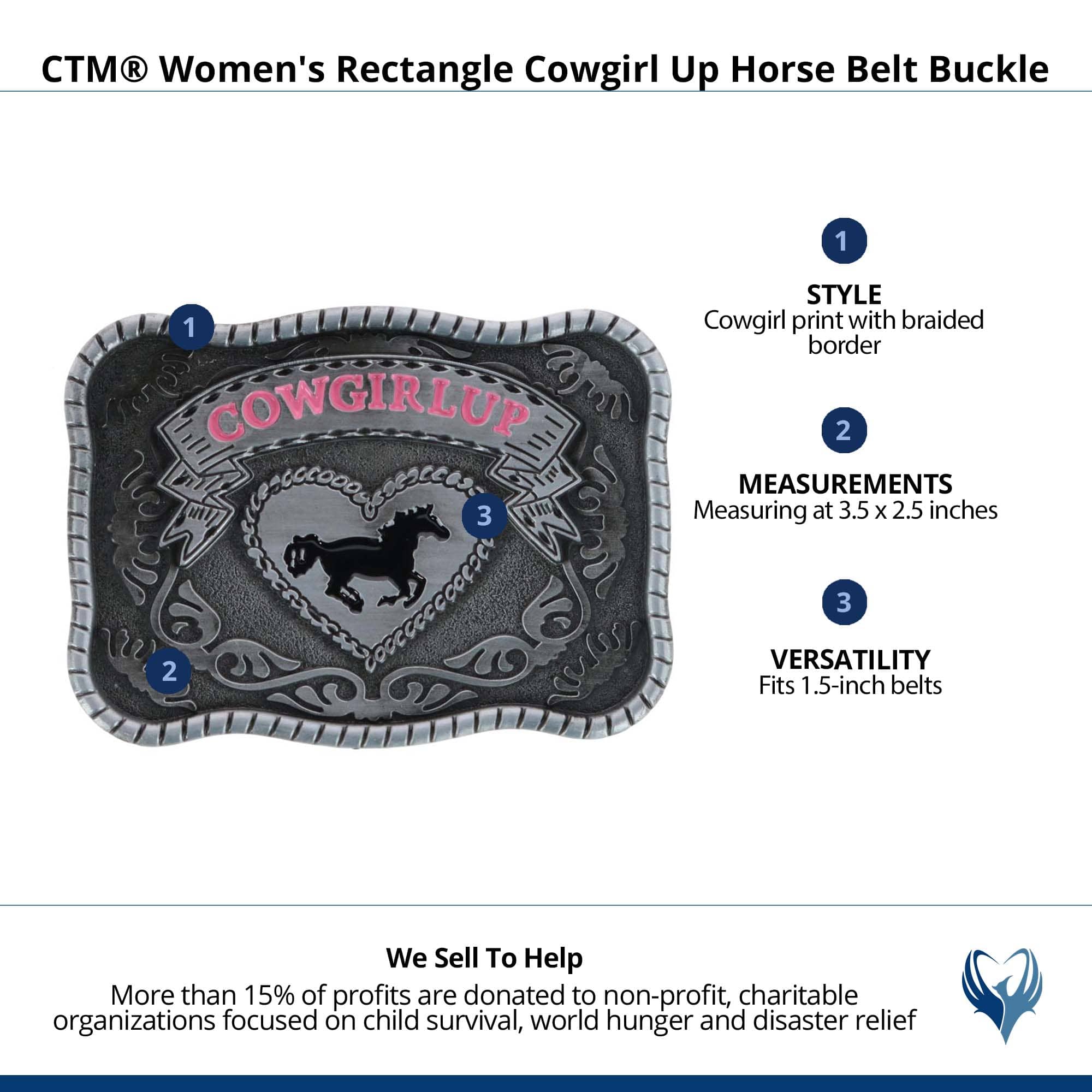 CTM® Women's Rectangle Cowgirl Up Horse Belt Buckle - Silver