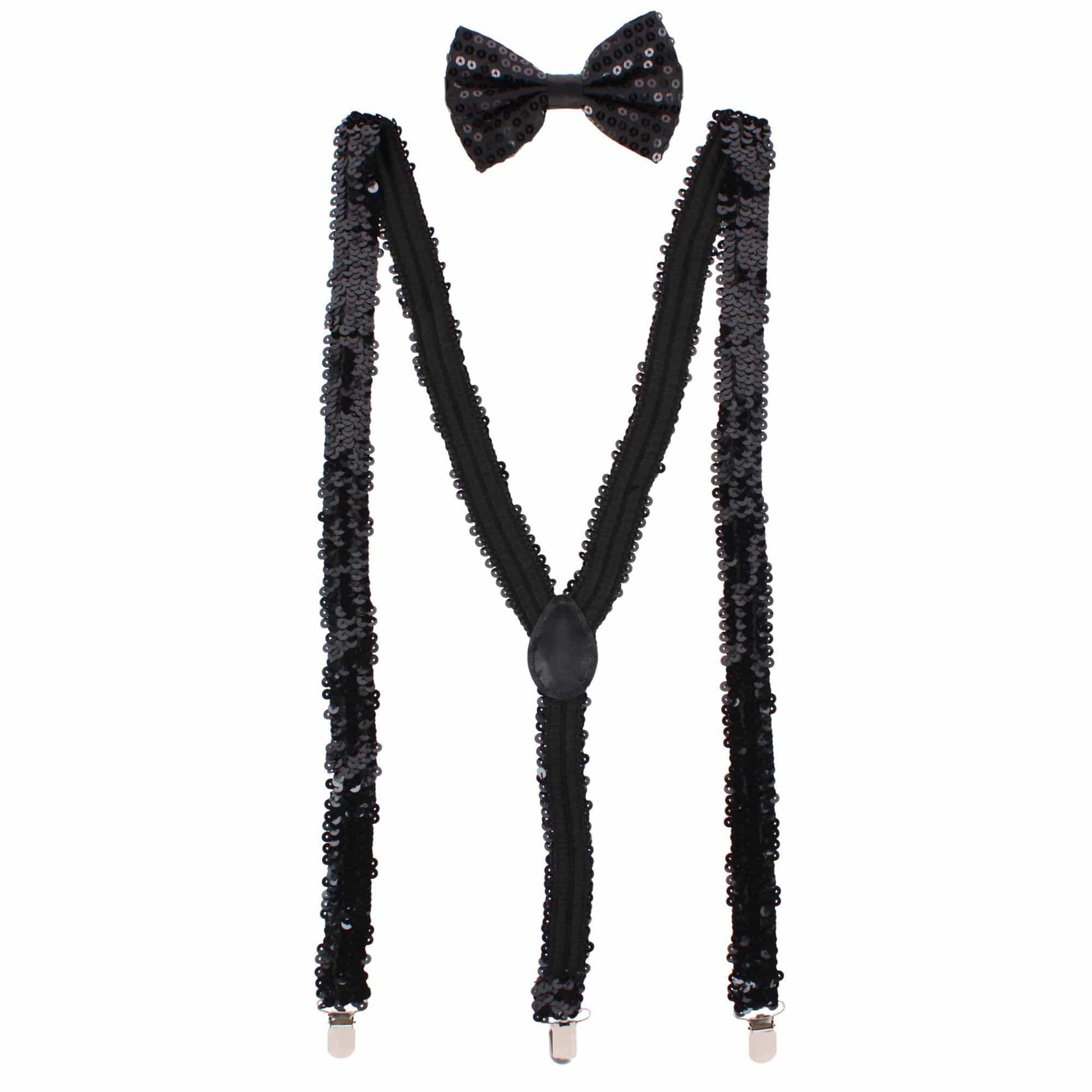 CTM® Adult Sequin Suspender & Bow Tie Set Adjustable Dress Costume Accessory - Black