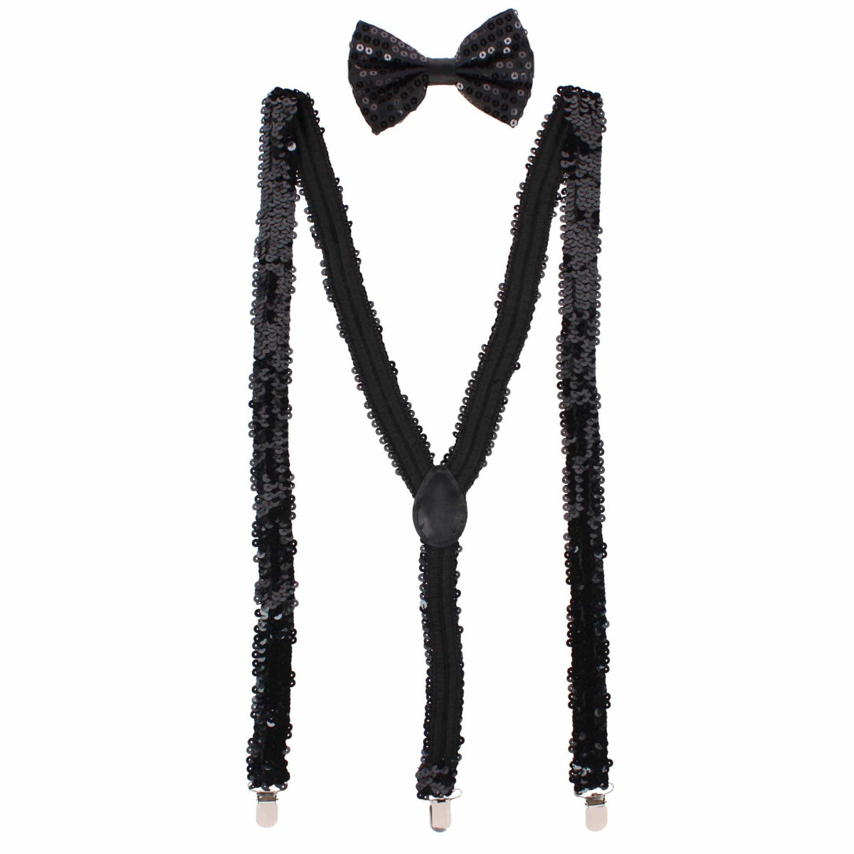 CTM® Adult Sequin Suspender & Bow Tie Set Adjustable Dress Costume Accessory - Black