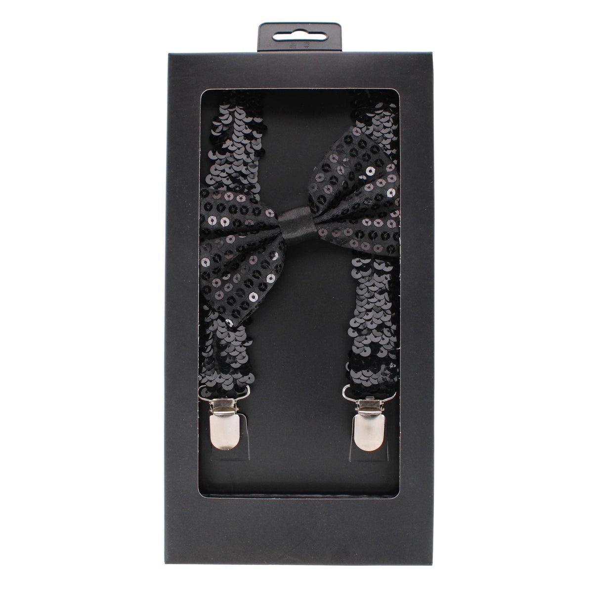 CTM® Adult Sequin Suspender & Bow Tie Set Adjustable Dress Costume Accessory - Black