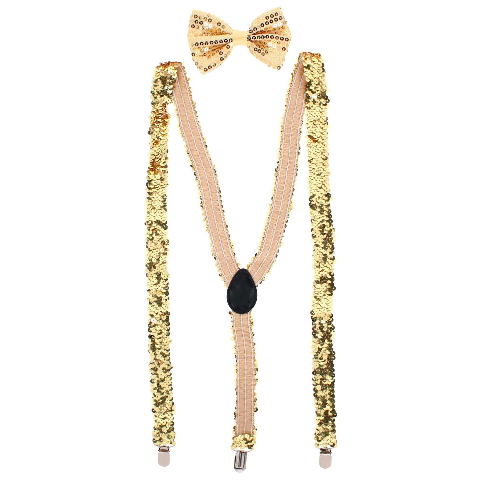 CTM® Adult Sequin Suspender & Bow Tie Set Adjustable Dress Costume Accessory - Gold
