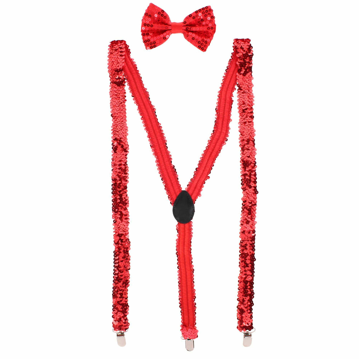 CTM® Adult Sequin Suspender & Bow Tie Set Adjustable Dress Costume Accessory - Red