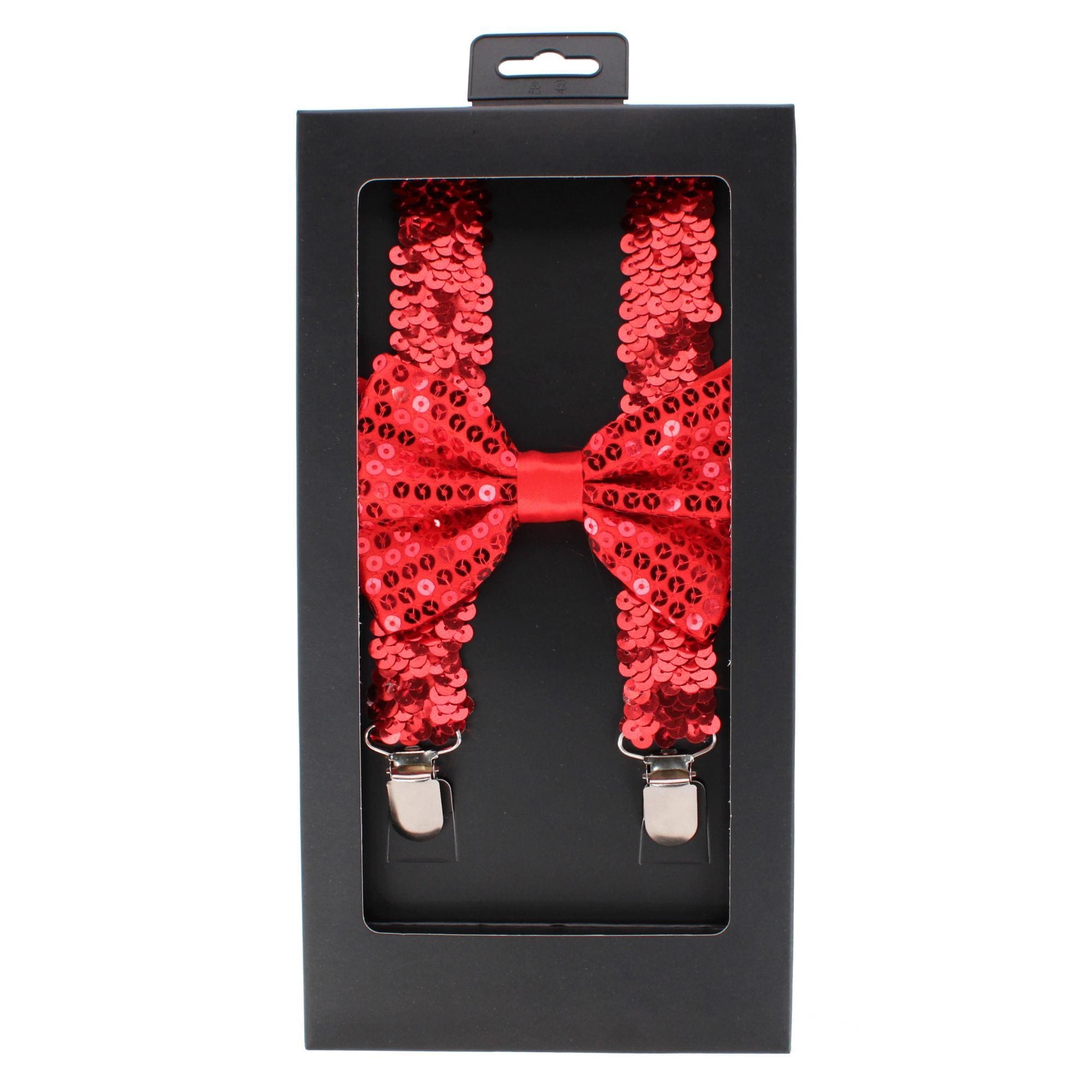 CTM® Adult Sequin Suspender & Bow Tie Set Adjustable Dress Costume Accessory - Red