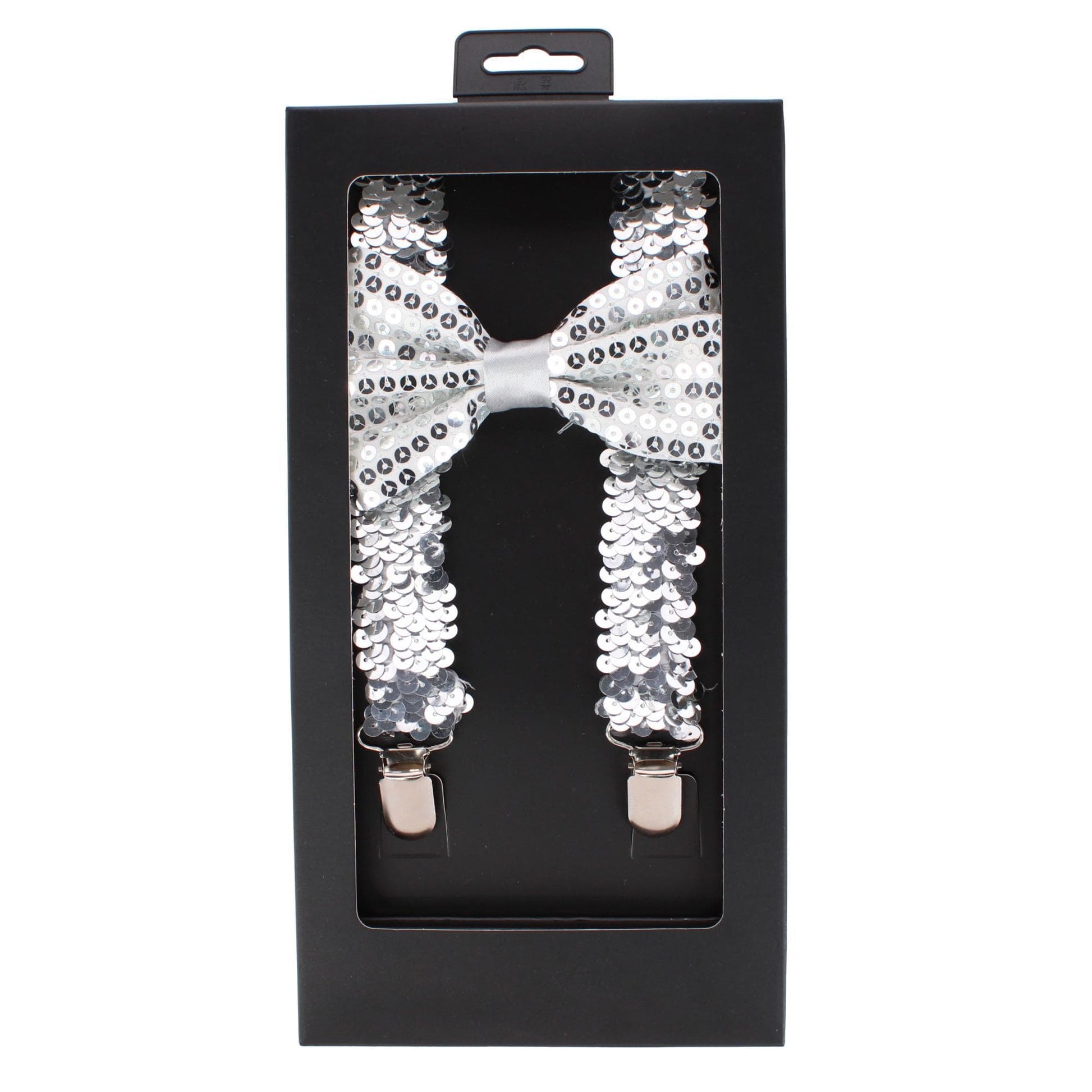 CTM® Adult Sequin Suspender & Bow Tie Set Adjustable Dress Costume Accessory - Silver