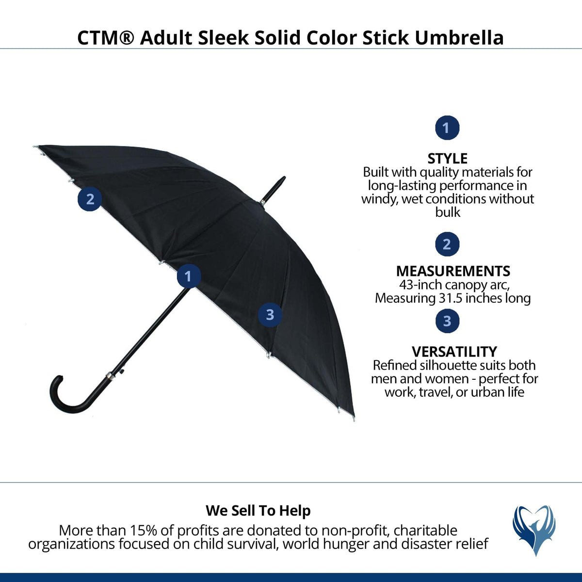 CTM® Adult Sleek Solid Color Stick Umbrella - Black