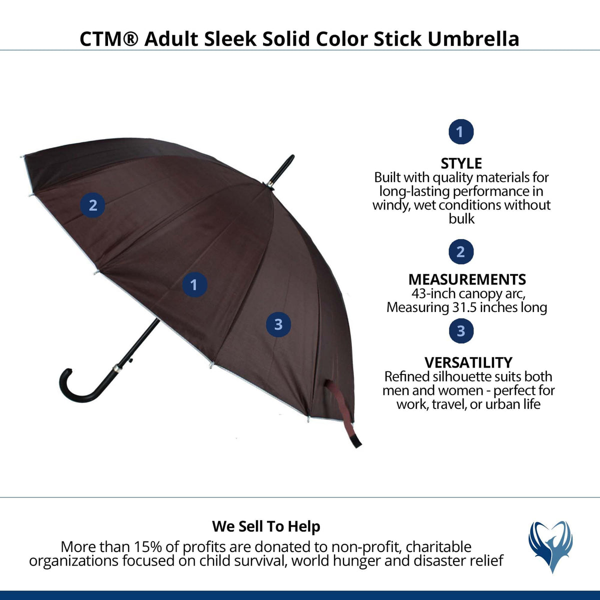 CTM® Adult Sleek Solid Color Stick Umbrella - Brown