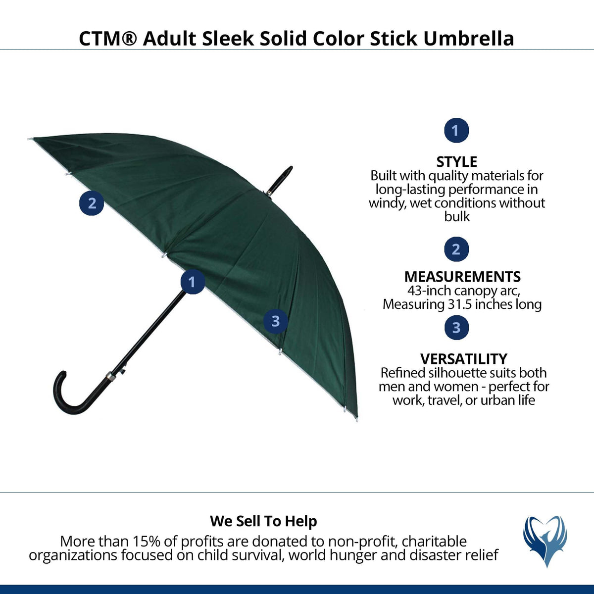 CTM® Adult Sleek Solid Color Stick Umbrella - Green