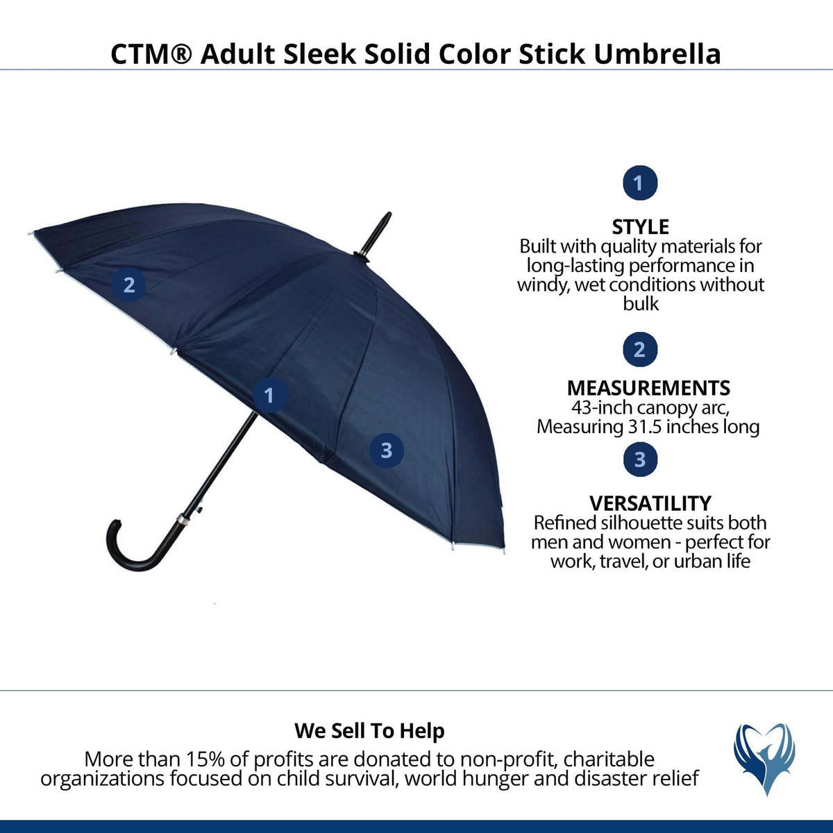 CTM® Adult Sleek Solid Color Stick Umbrella - Navy
