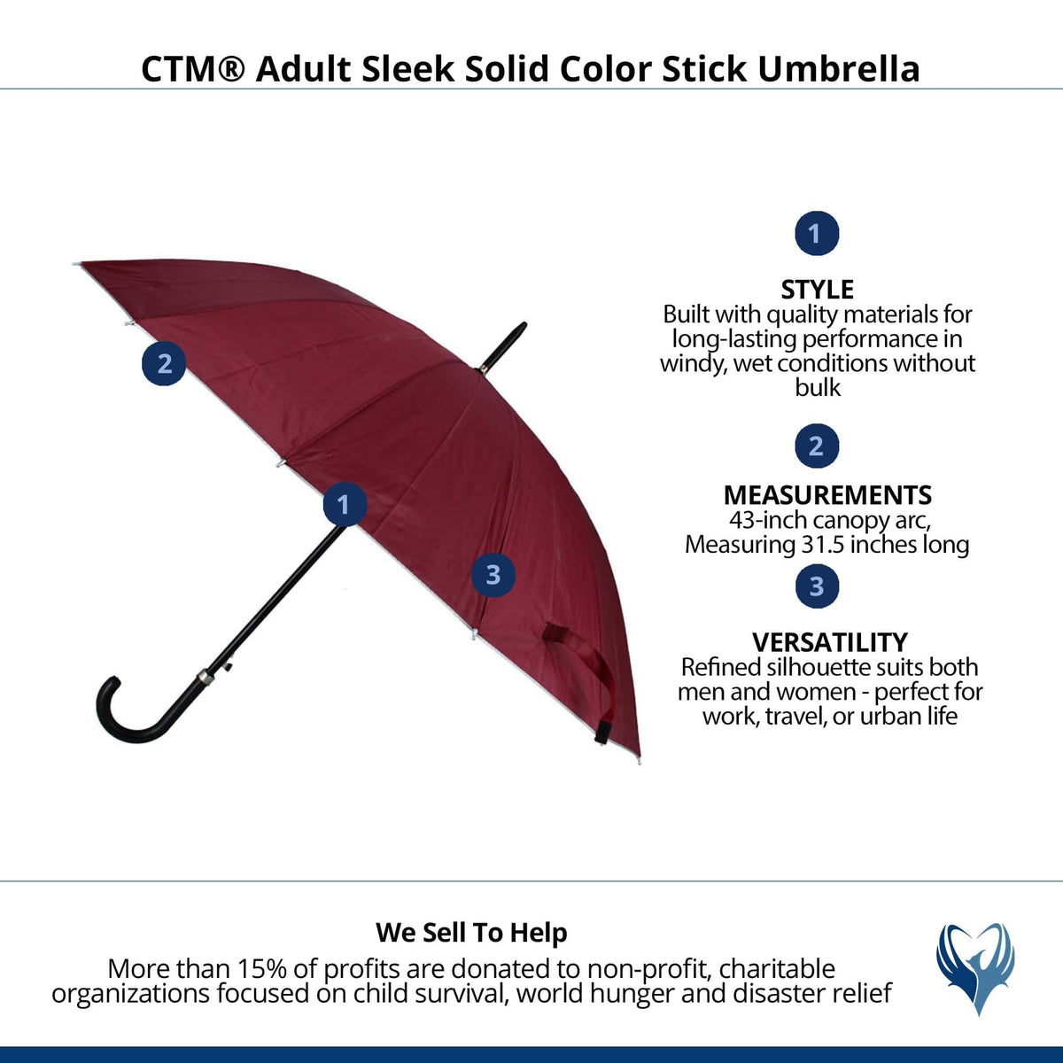 CTM® Adult Sleek Solid Color Stick Umbrella - Red