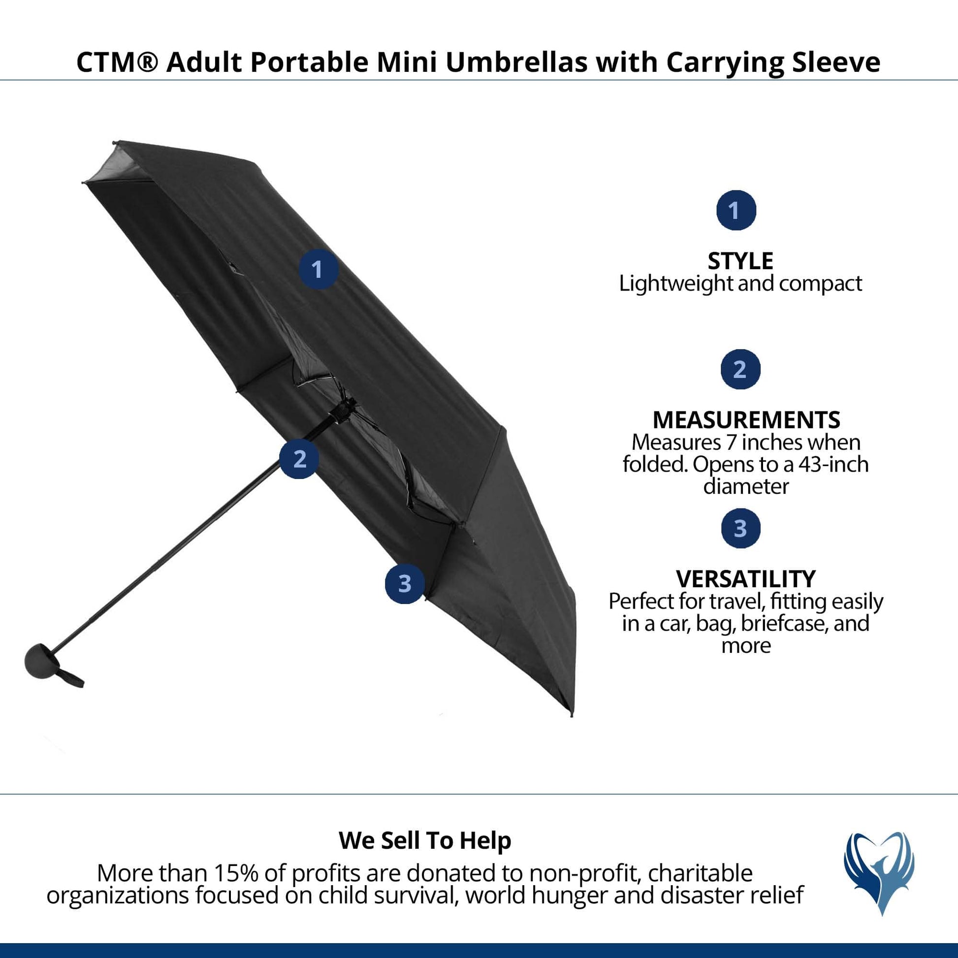 CTM® Adult Portable Mini Umbrellas with Carrying Sleeve - Black