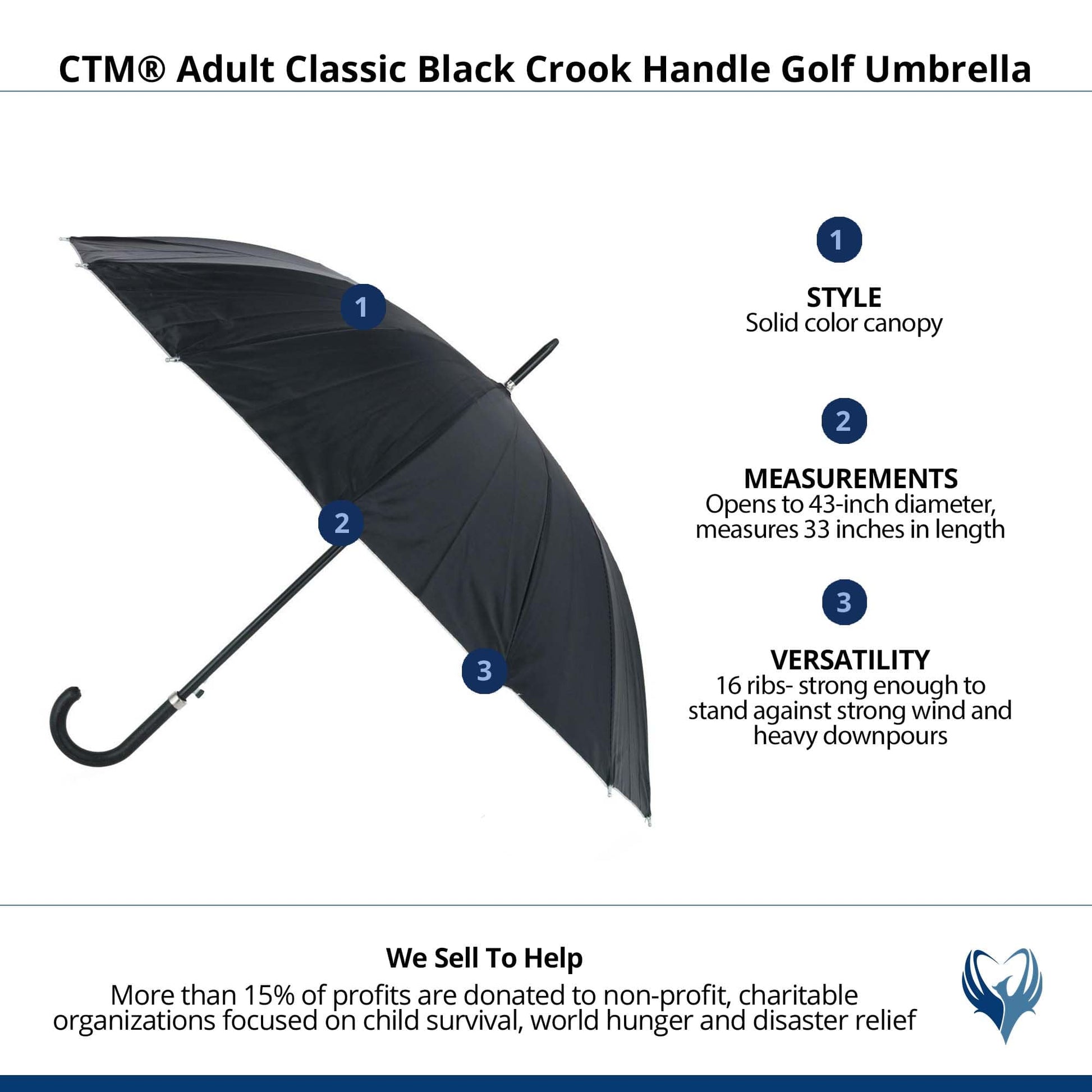 CTM® Adult Classic Black Crook Handle Golf Umbrella - Black