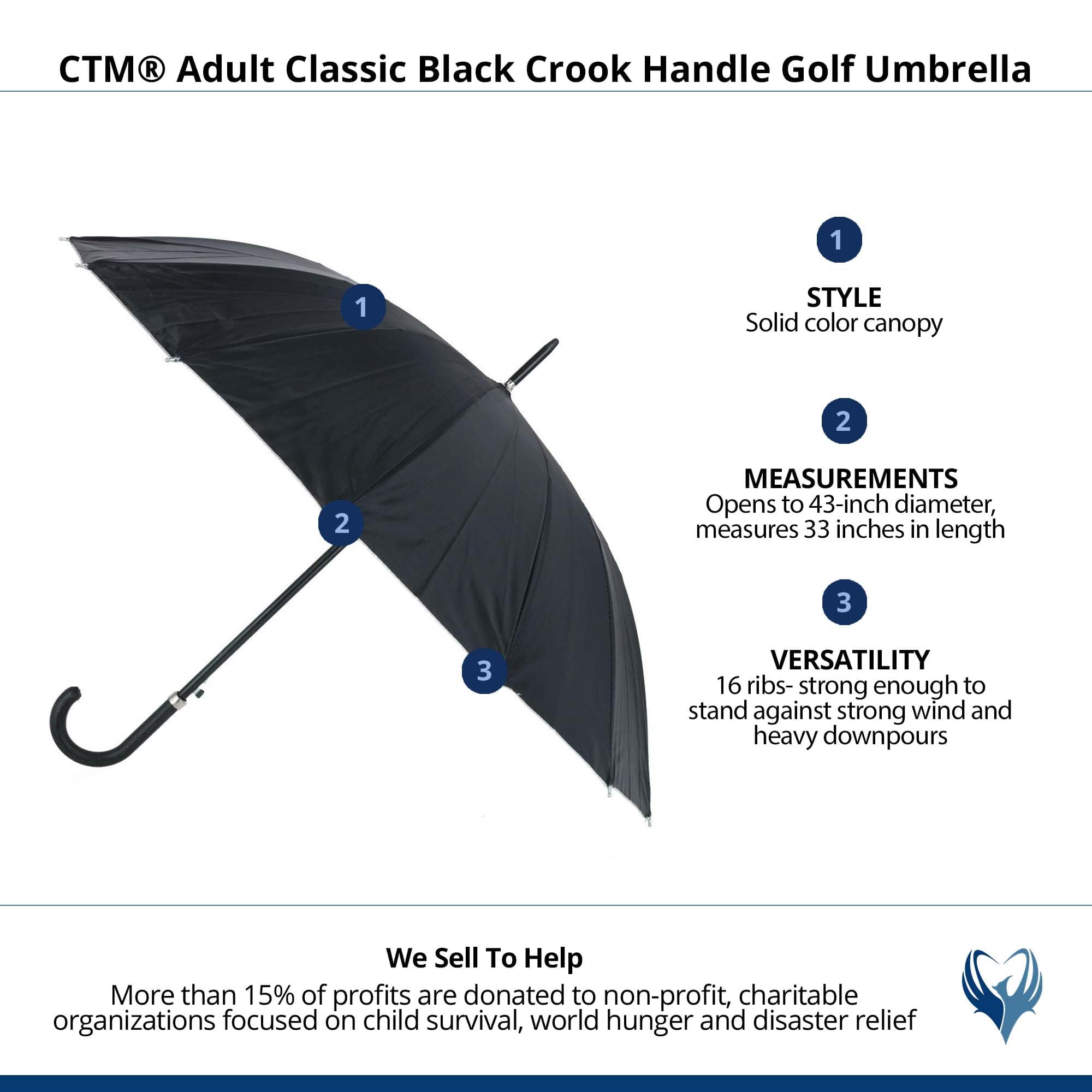 CTM® Adult Classic Black Crook Handle Golf Umbrella - Black