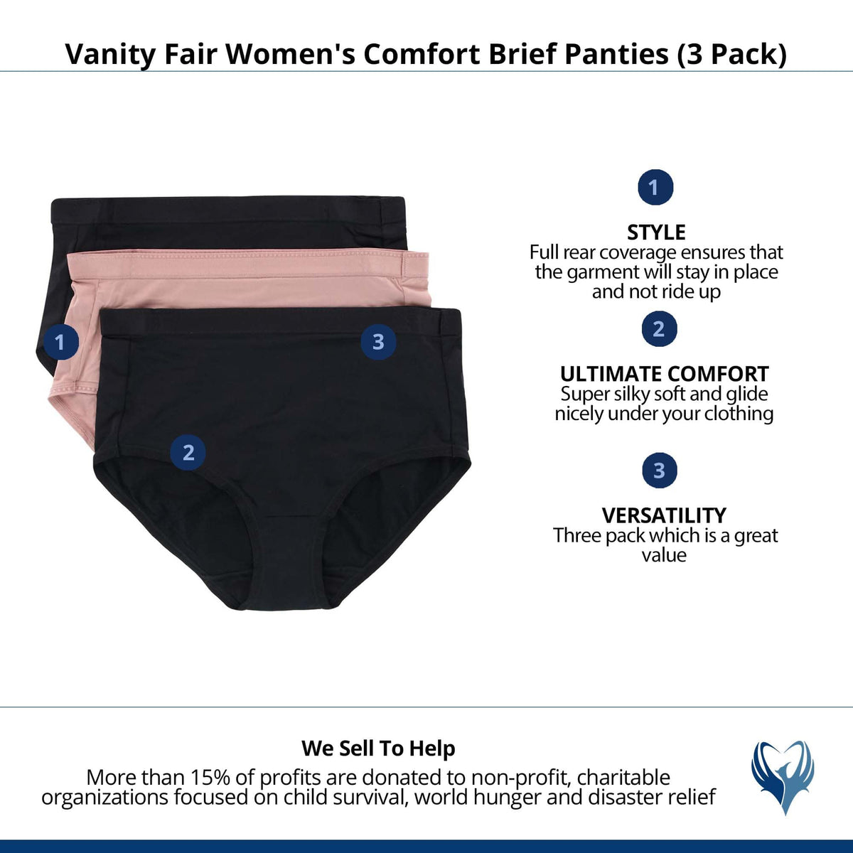 Vanity Fair Women's Comfort Brief Panties (3 Pack) - Black