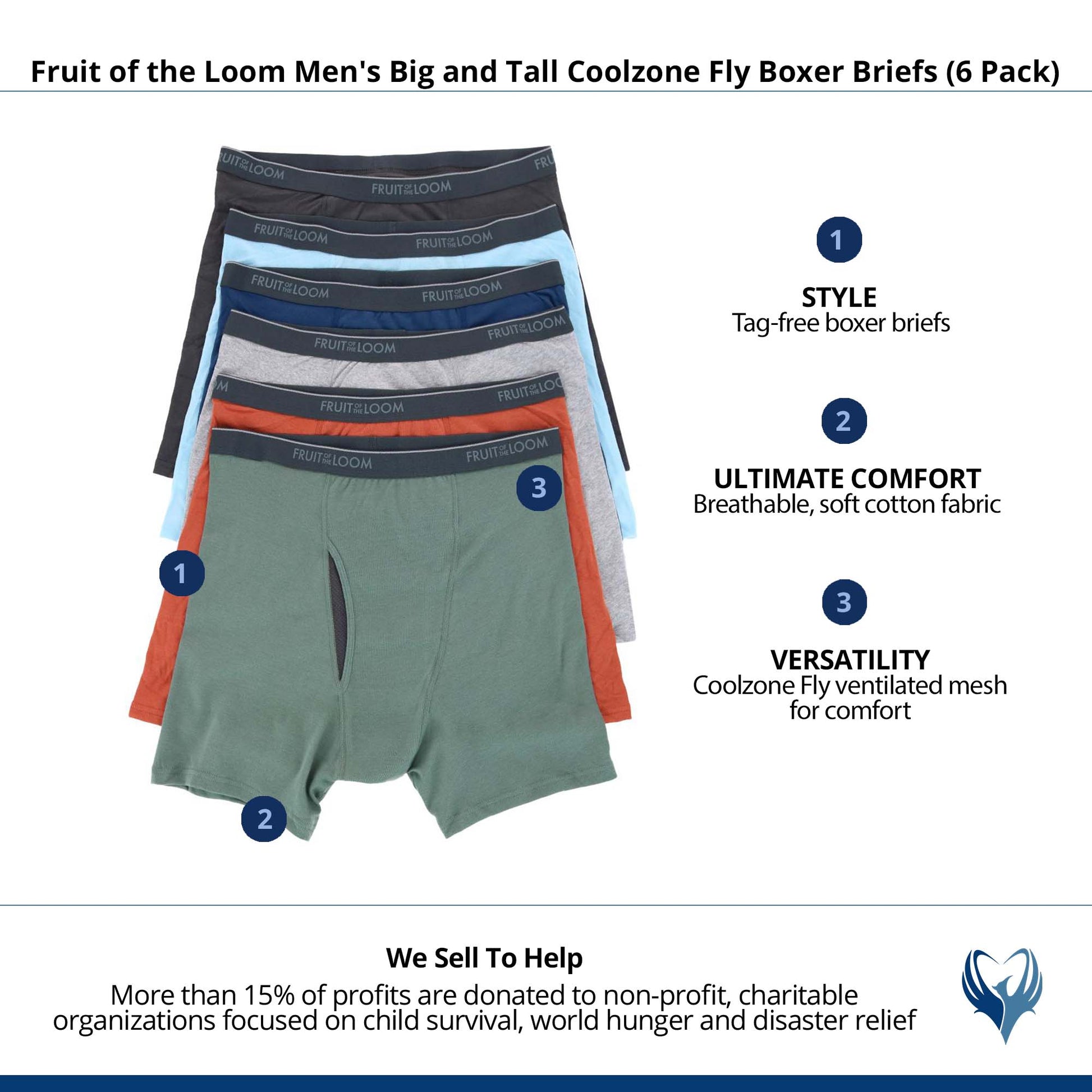 Fruit of the Loom Men's Big and Tall Coolzone Fly Boxer Briefs (6 Pack) - Assorted