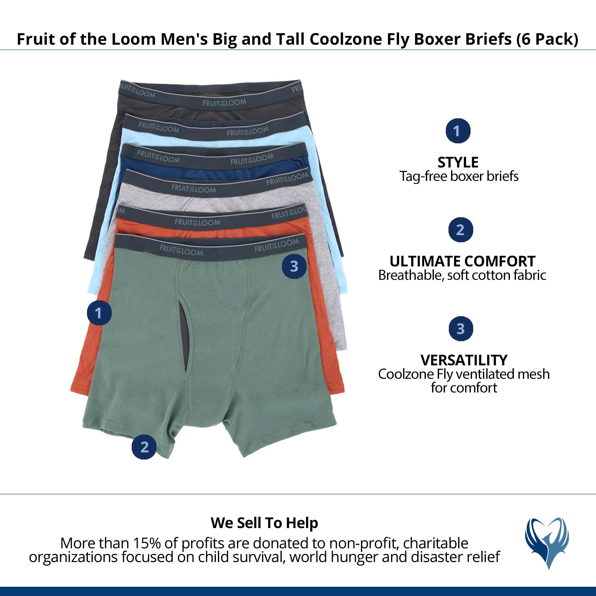 Fruit of the Loom Men's Big and Tall Coolzone Fly Boxer Briefs (6 Pack) - Assorted