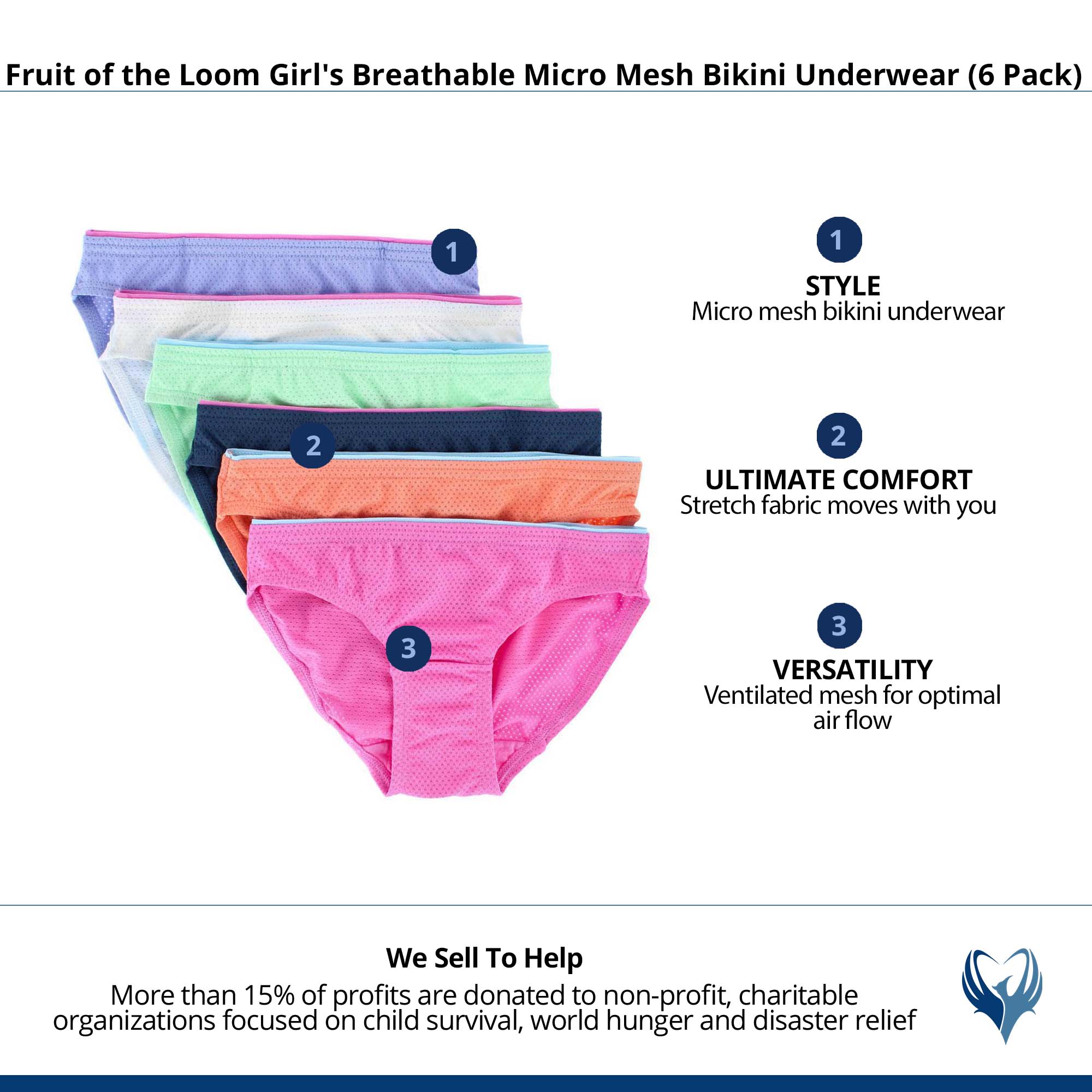 Fruit of the Loom Girl's Breathable Micro Mesh Bikini Underwear (6 Pack) - Assorted