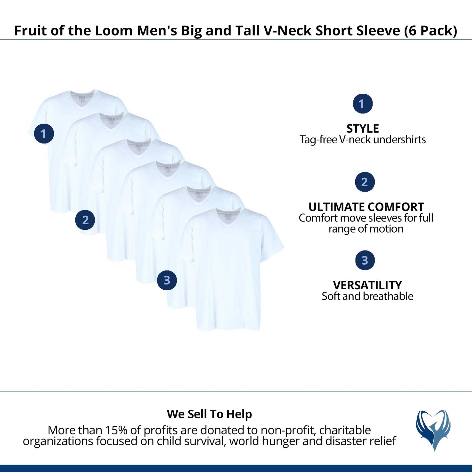 Fruit of the Loom Men's Big and Tall V-Neck Short Sleeve (6 Pack) - White