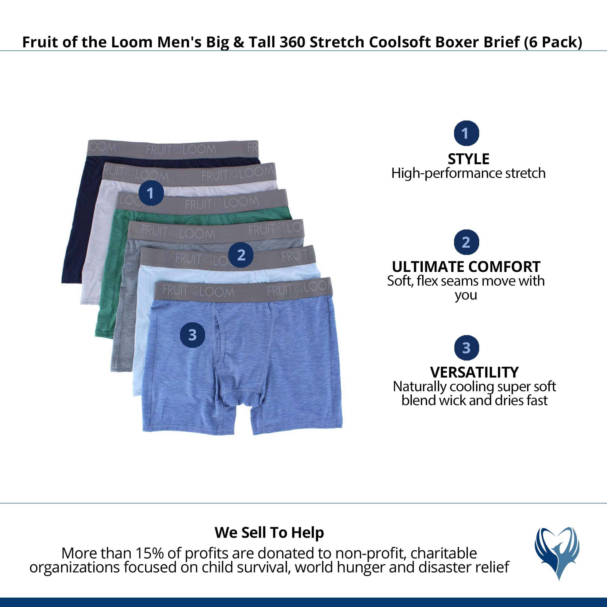 Fruit of the Loom Mens Big & Tall 360 Stretch Coolsoft Boxer Brief (6 Pack) - Assorted