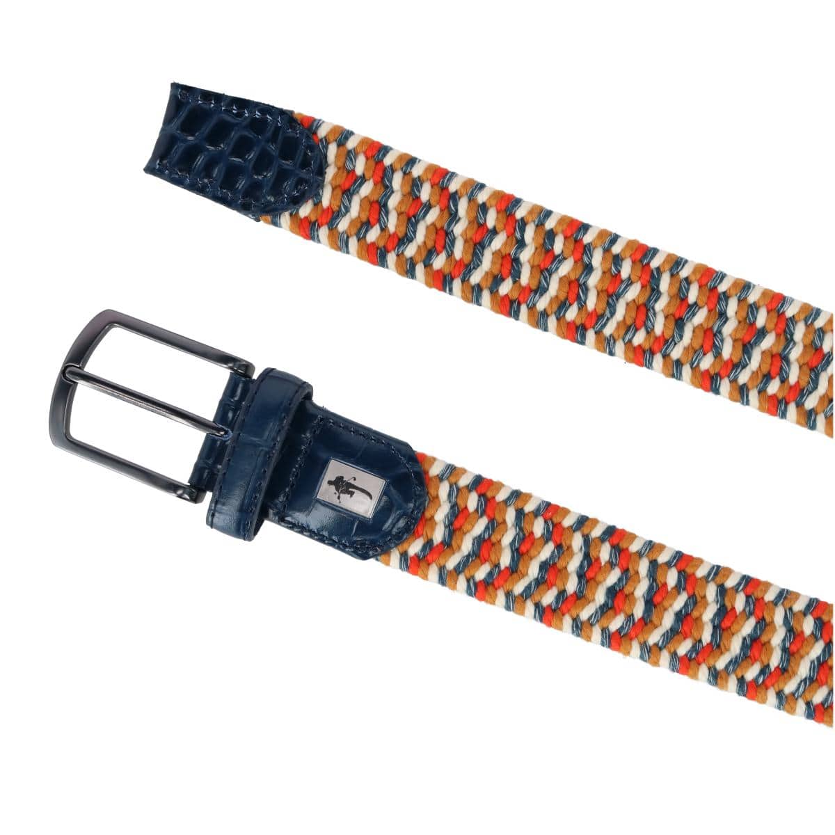 Mad Golfer Men's Braided Elastic Belt with Croc Print Leather Tabs - Blue