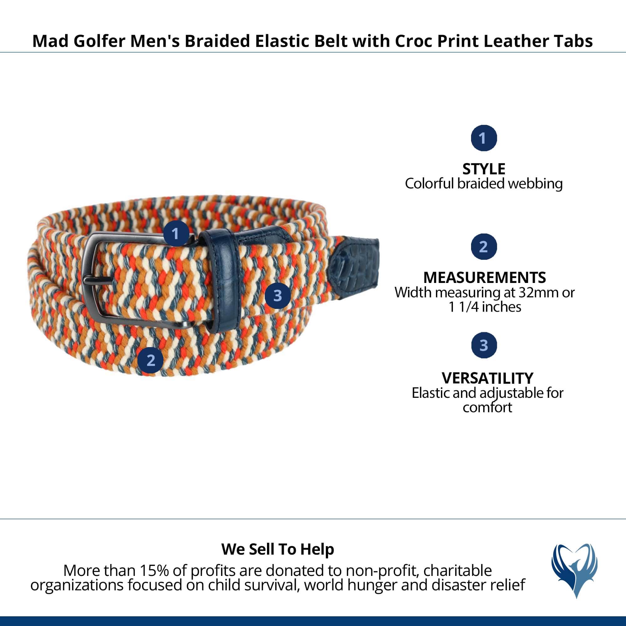 Mad Golfer Men's Braided Elastic Belt with Croc Print Leather Tabs - Blue