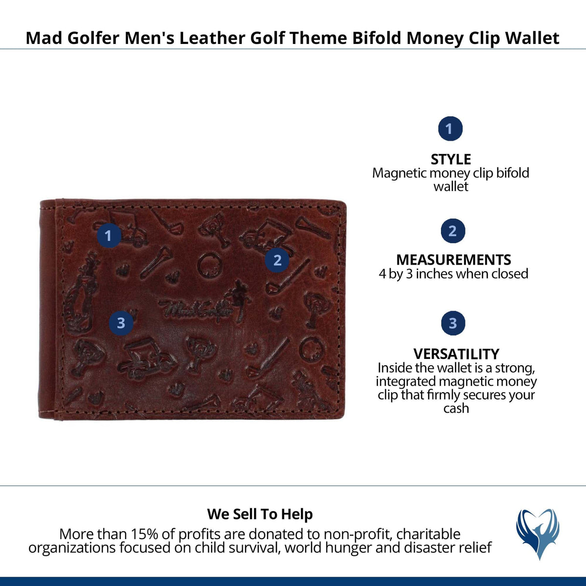 Mad Golfer Men's Leather Golf Theme Bifold Money Clip Wallet - Light Brown