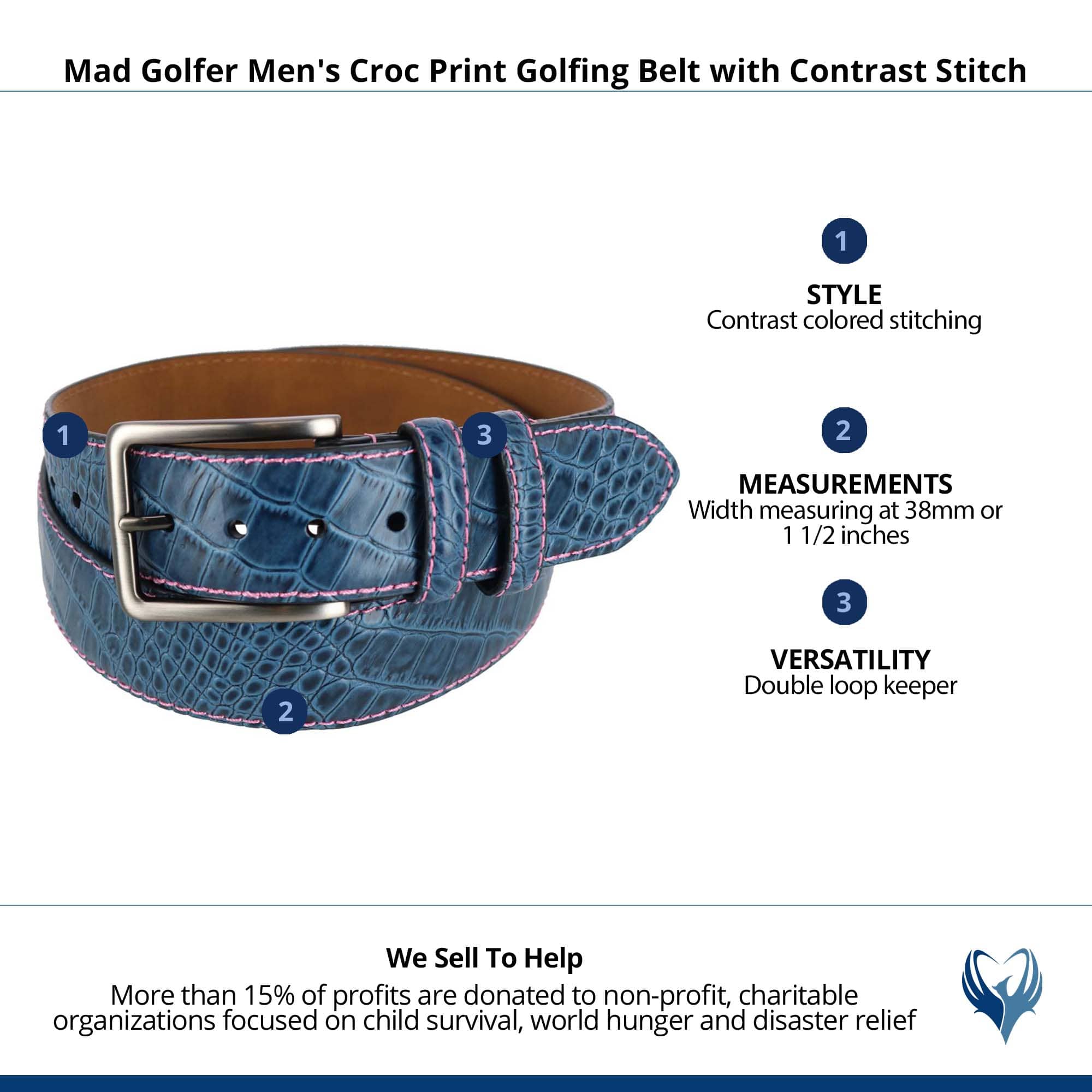 Mad Golfer Men's Croc Print Golfing Belt with Contrast Stitch - Blue