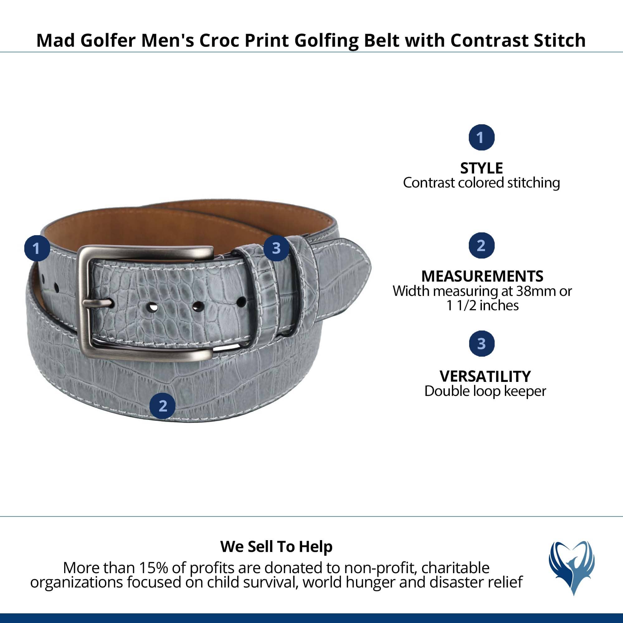Mad Golfer Men's Croc Print Golfing Belt with Contrast Stitch - Gray