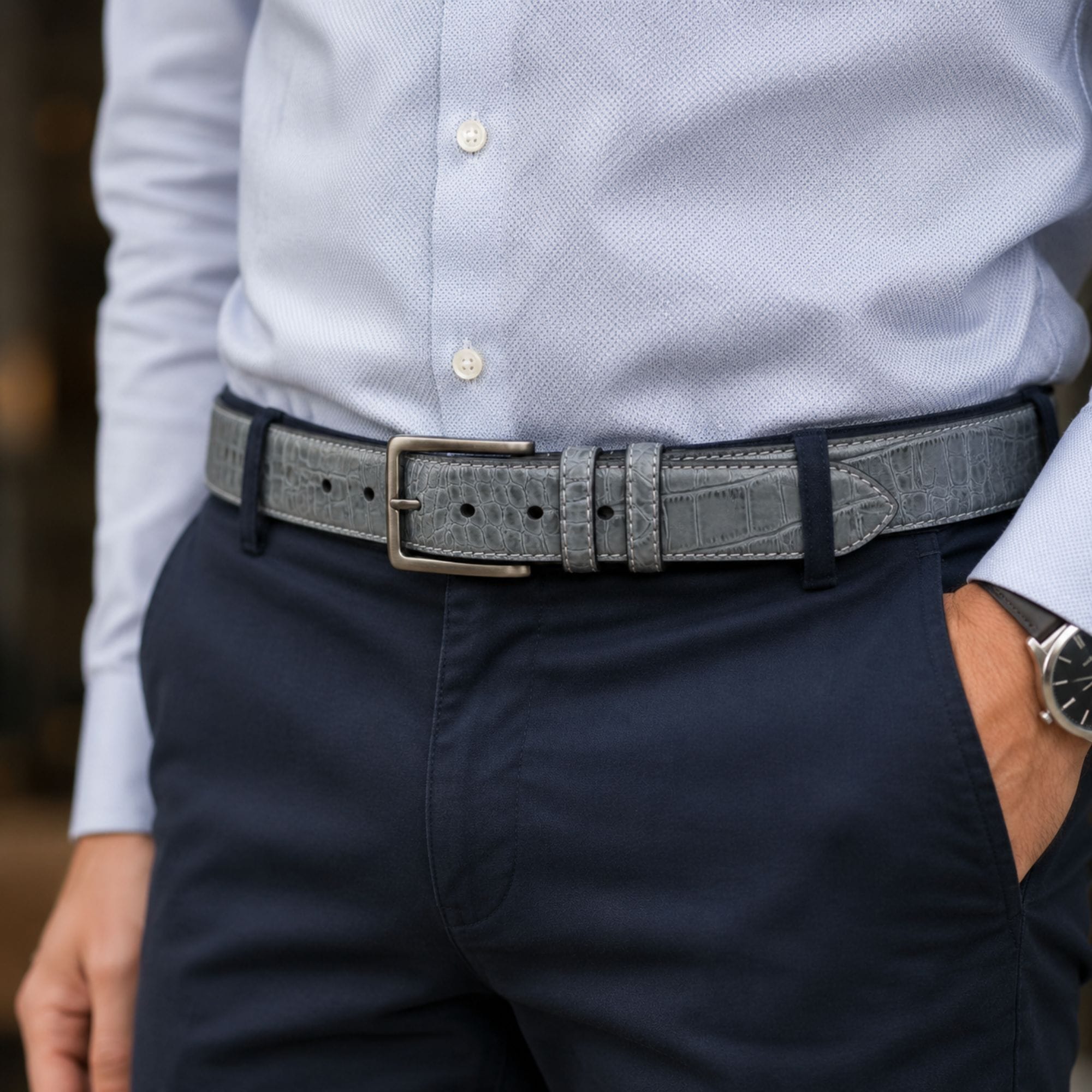 Mad Golfer Men's Croc Print Golfing Belt with Contrast Stitch - Gray
