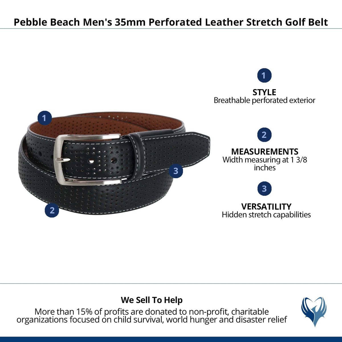 Pebble Beach Men's 35mm Perforated Leather Stretch Golf Belt - Black