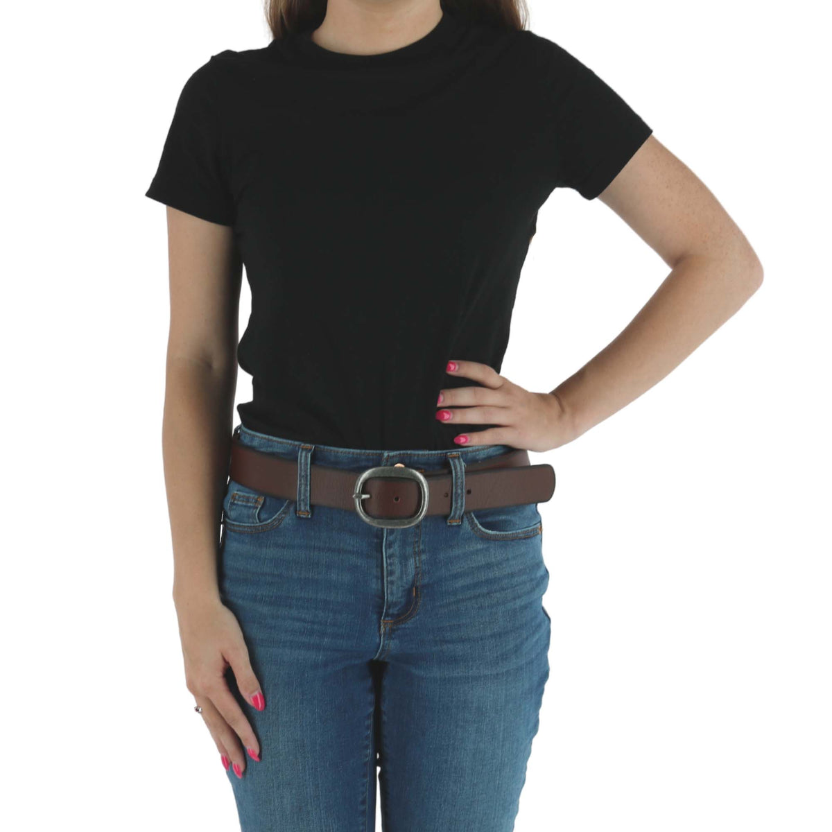 Cowgirls Rock Women's Wide Center Bar Buckle Belt with Burnished Edges - Brown