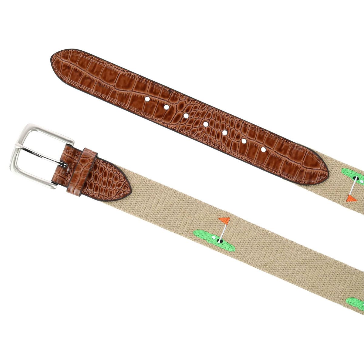 Greg Norman Men's Fabric Golf Belt with Croco Tabs - Khaki and Brown